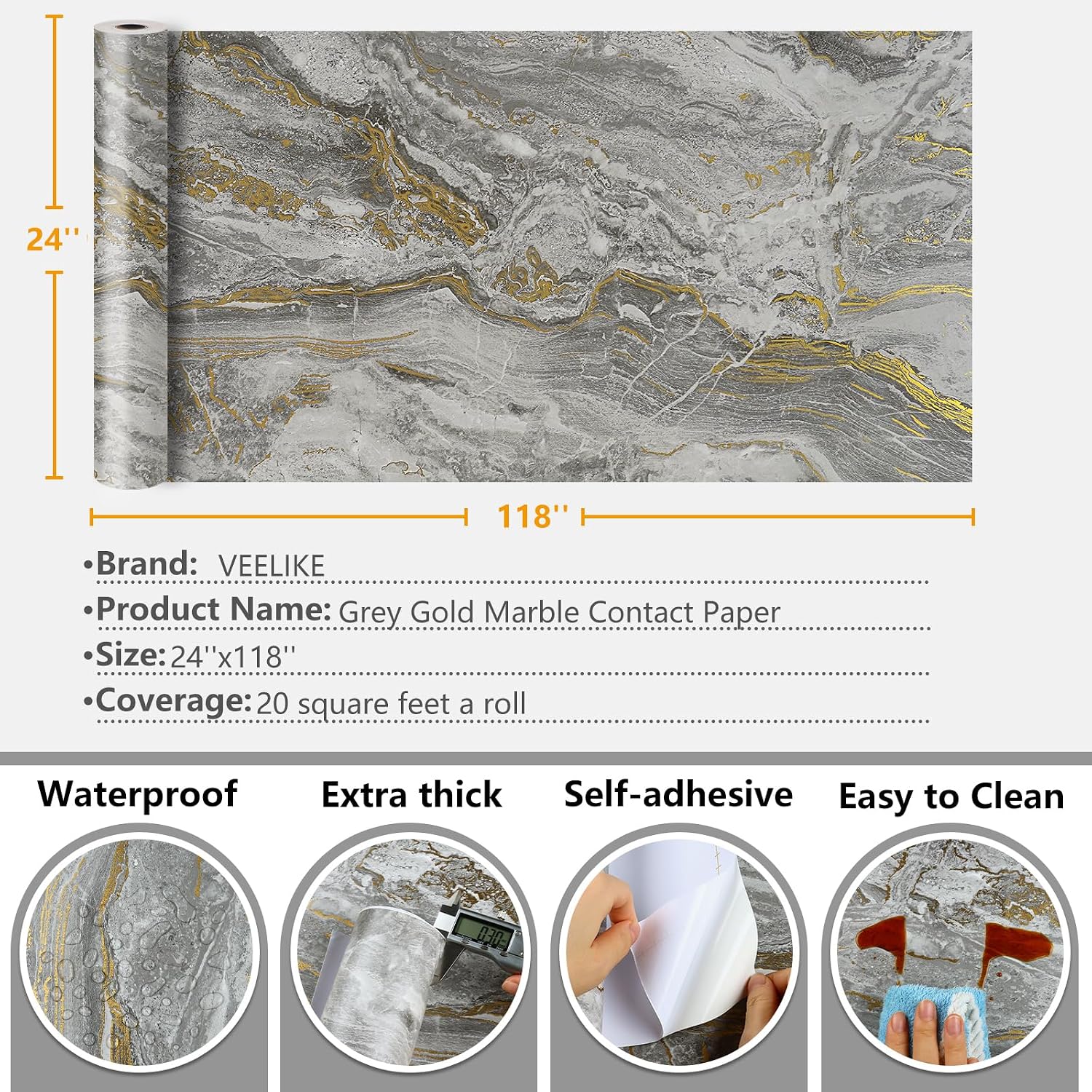 VEELIKE Matte Grey Gold Marble Contact Paper for Countertops Peel and Stick Waterproof Liquid Marble Wallpaper 118''x24'' Wide Counter Top Covers Self Adhesive Vinyl Countertop for Kitchen Bathroom