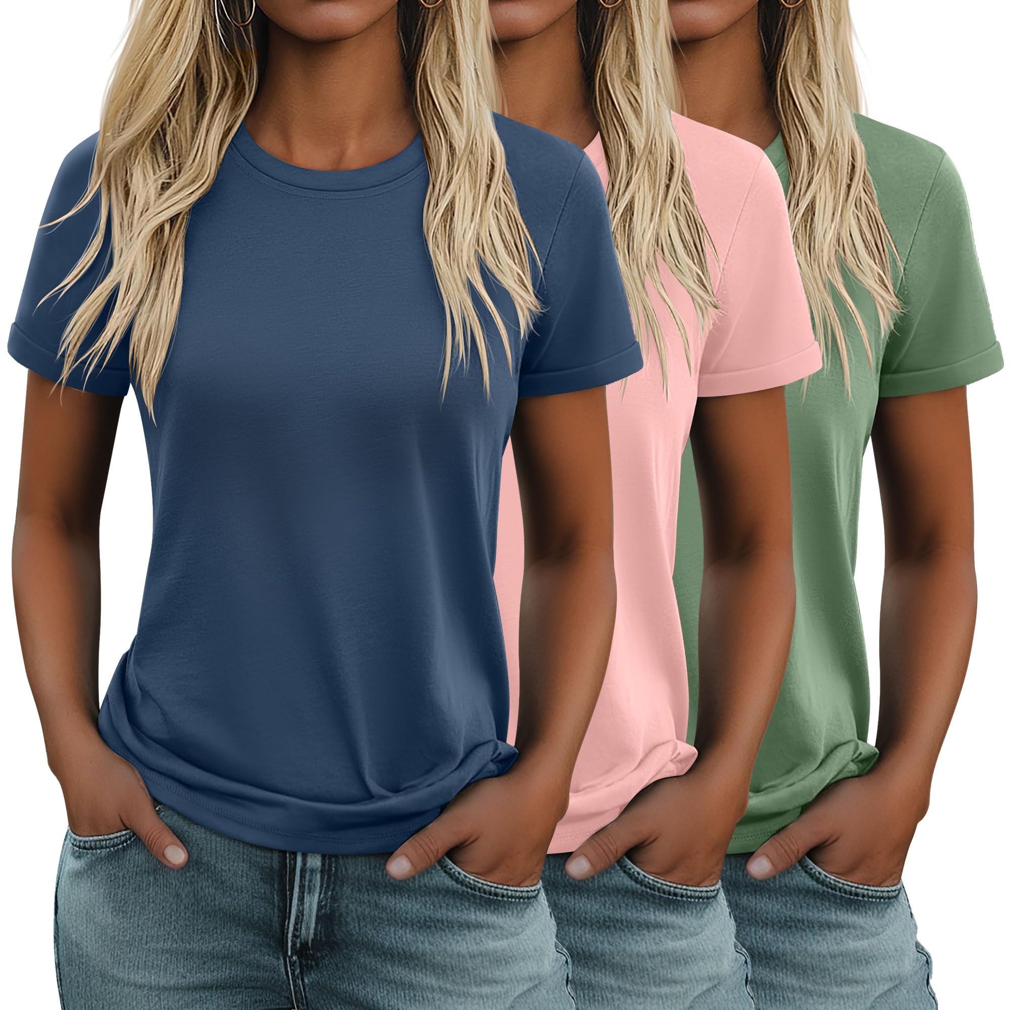 Huukeay 3 Pack Women's Cotton T Shirts Casual Short Sleeve Tunic Tops Crewneck Summer Loose Fit Plain Basic Tee
