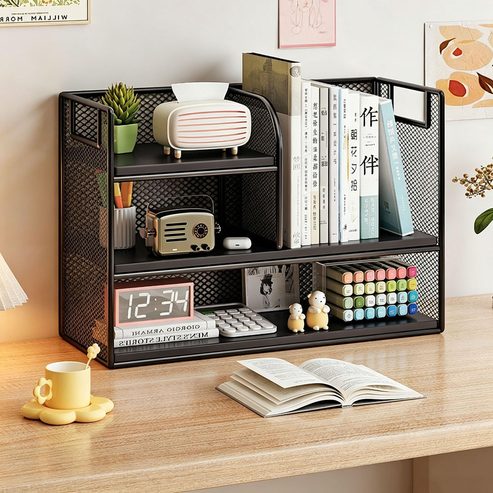 TY&WJ Piccolo scaffale Metallo Legno per scrivania Libri e Documenti | Scaffale aperto portaoggetti espositore per casa ufficio e ambiente studio