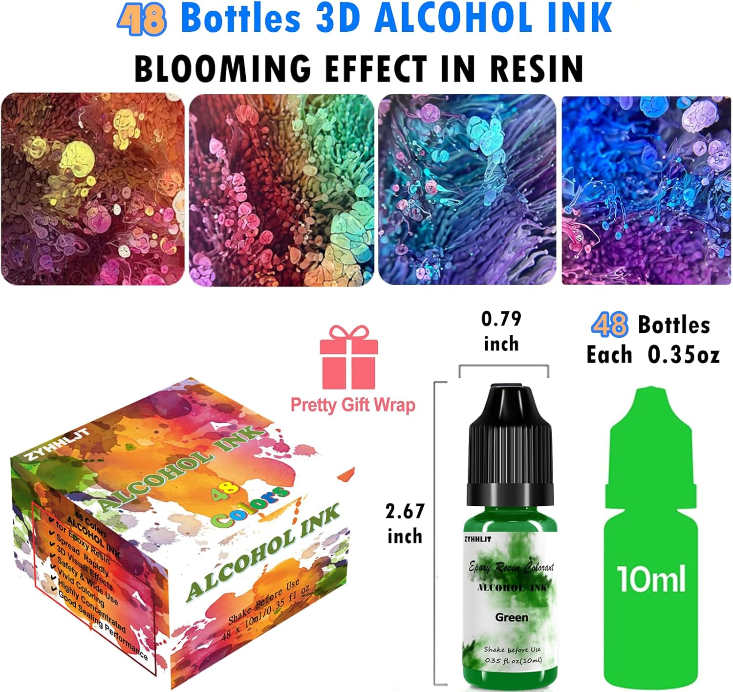 Alcohol Ink Set – 48 Bottles Vibrant Colors High Concentrated Alcohol-Based Ink, Concentrated Epoxy Resin Paint Colour Dye, Great for Painting,Resin Petri Dish, Coaster,Tumbler Cup Making,(10ml Each)