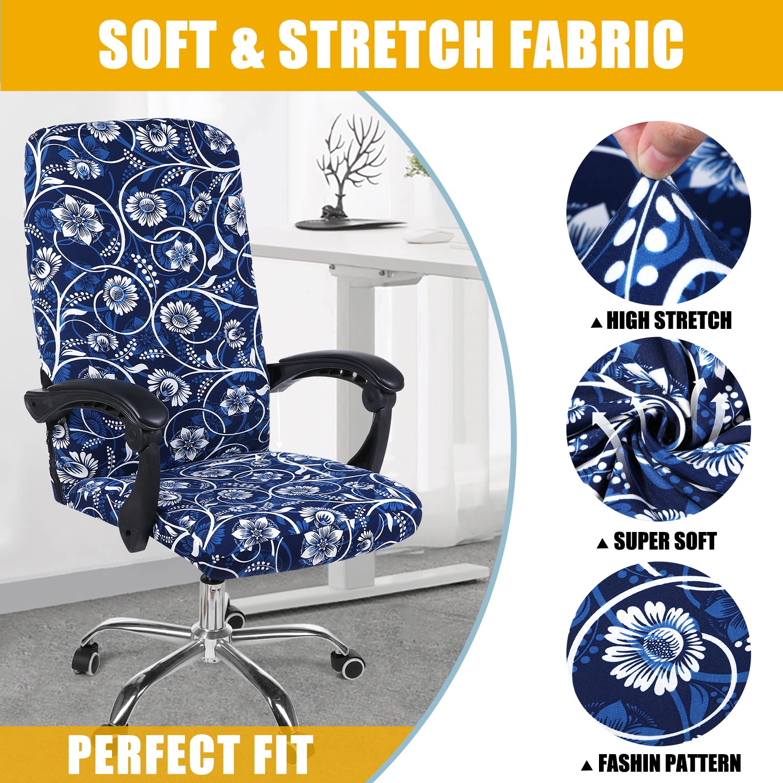 Funda protectora para silla de oficina, cubierta estampada y elástica para silla, removible, lavable, resistente al polvo con cremallera, ajuste universal (grande, floral azul marino) 4