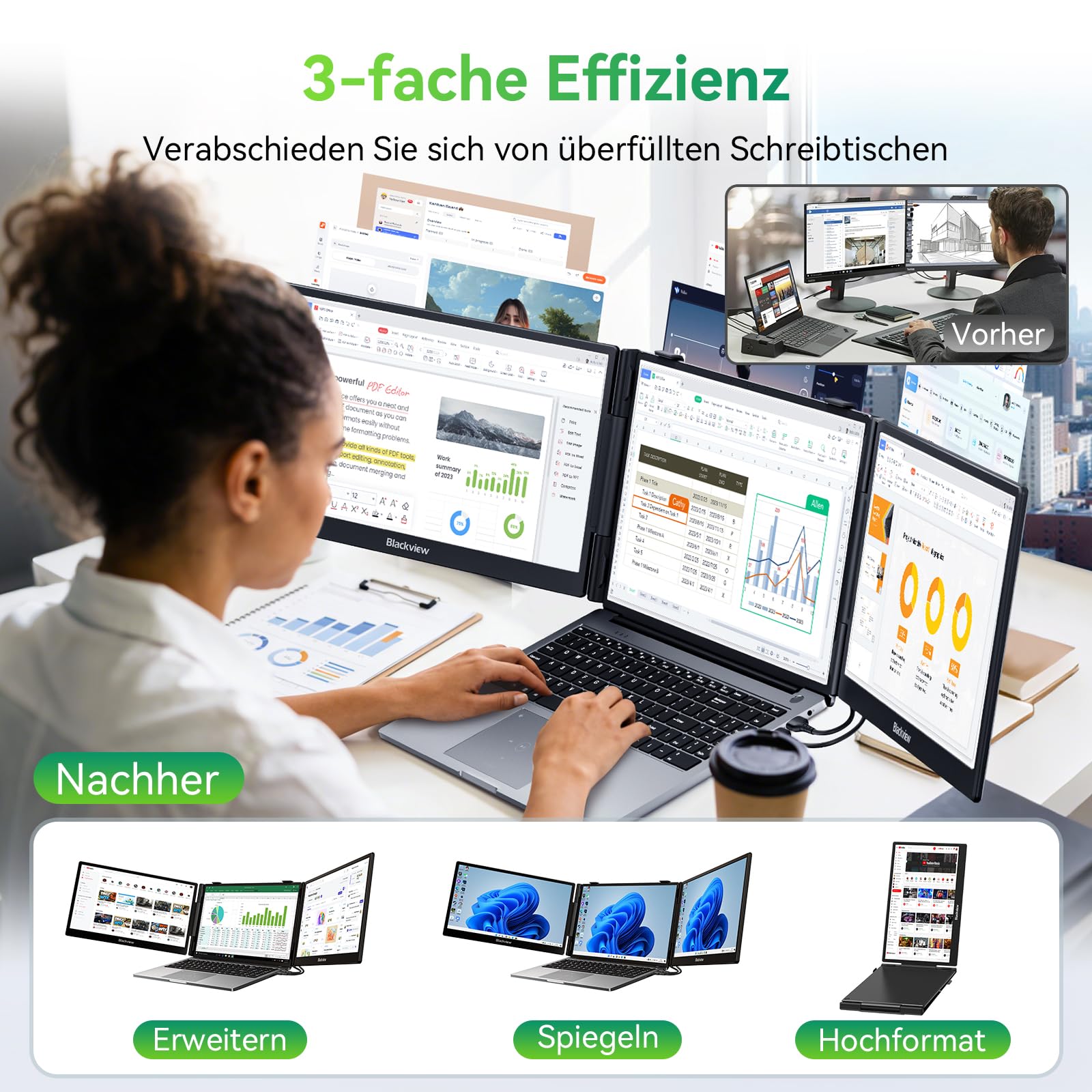 Blackview Laptop Monitor Erweiterung 14", Niedriges Blaulicht 1080P FHD HDMI/USB-A/USB C/100W PD-Rückwärtsladung Portable Monitor für Laptop 13,3"-17,3"/Smartphone/PC/Mac/PS5/Xbox