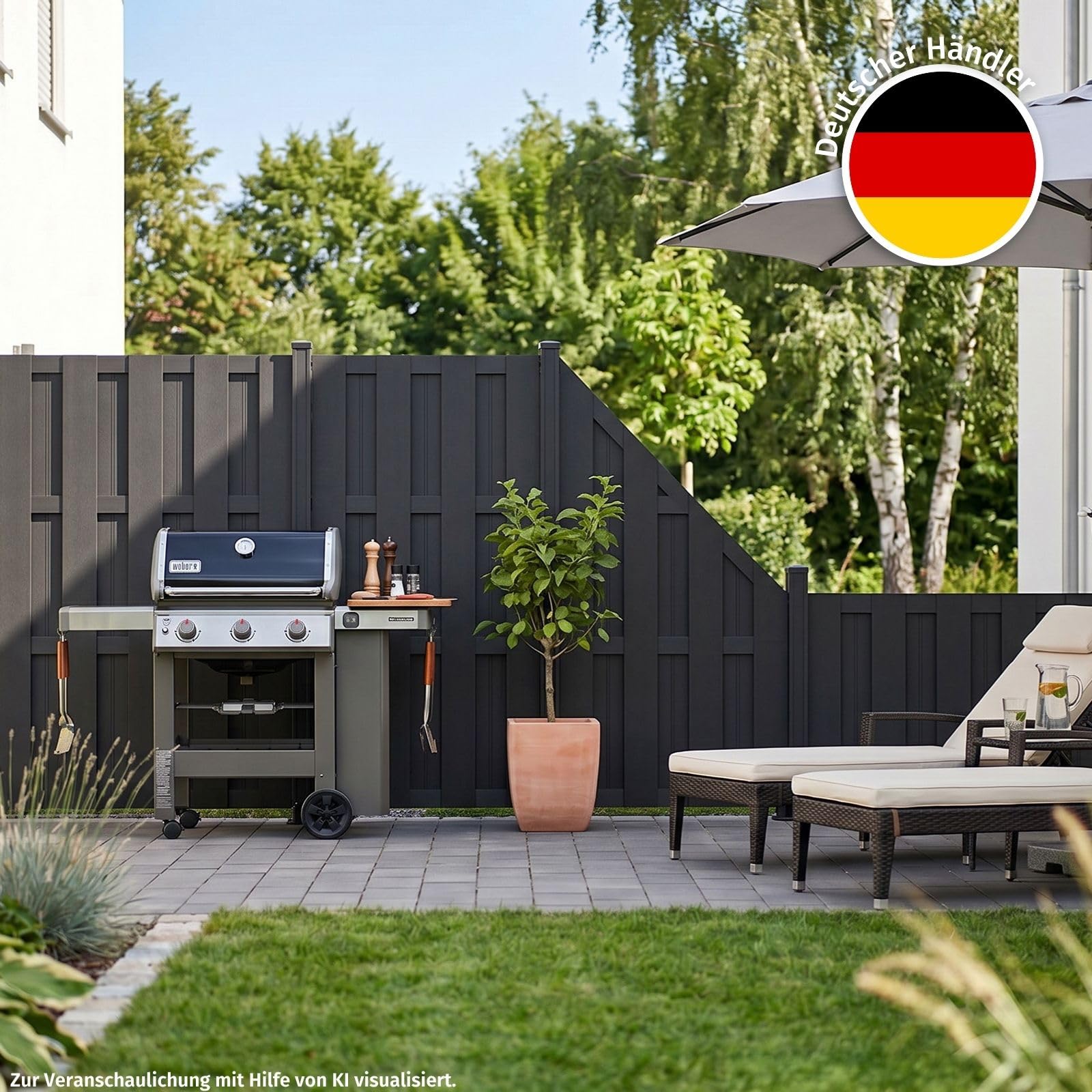 HORI WPC Lamellenzaun Komplettset - Moderner Sichtschutz für den Garten - Robuster & pflegeleichter Zaun mit einfacher Montage - 1x Schmal + 1x Pfosten zum aufschrauben Anthrazit
