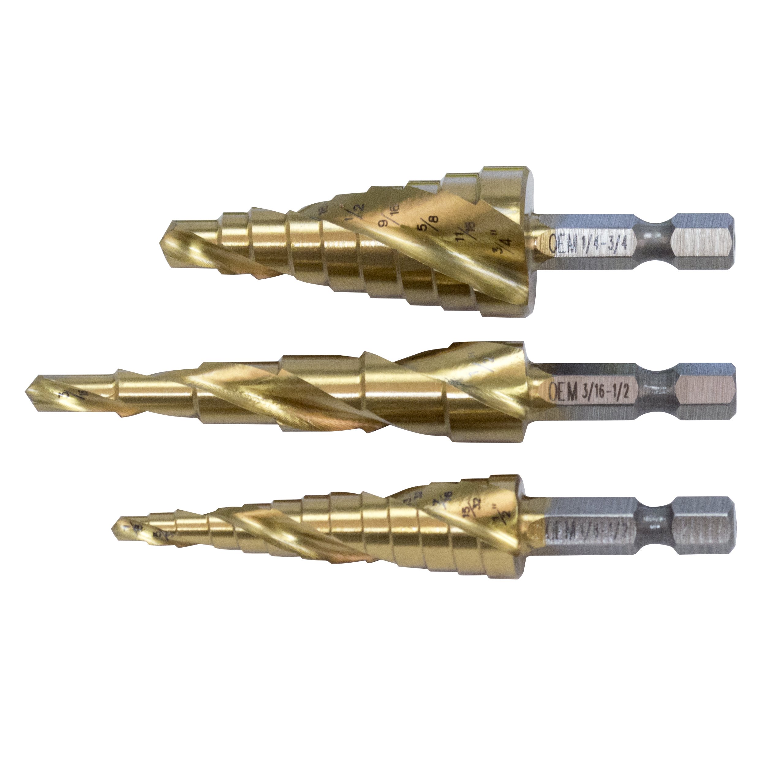 OEMTOOLS 24372 Spiral Step Drill Set, 3 Piece Set HSS Titanium Coated Drill Bit Kit, 28 Sizes, Step Drill Bit for Metal, Steel, Plastic, Aluminum,