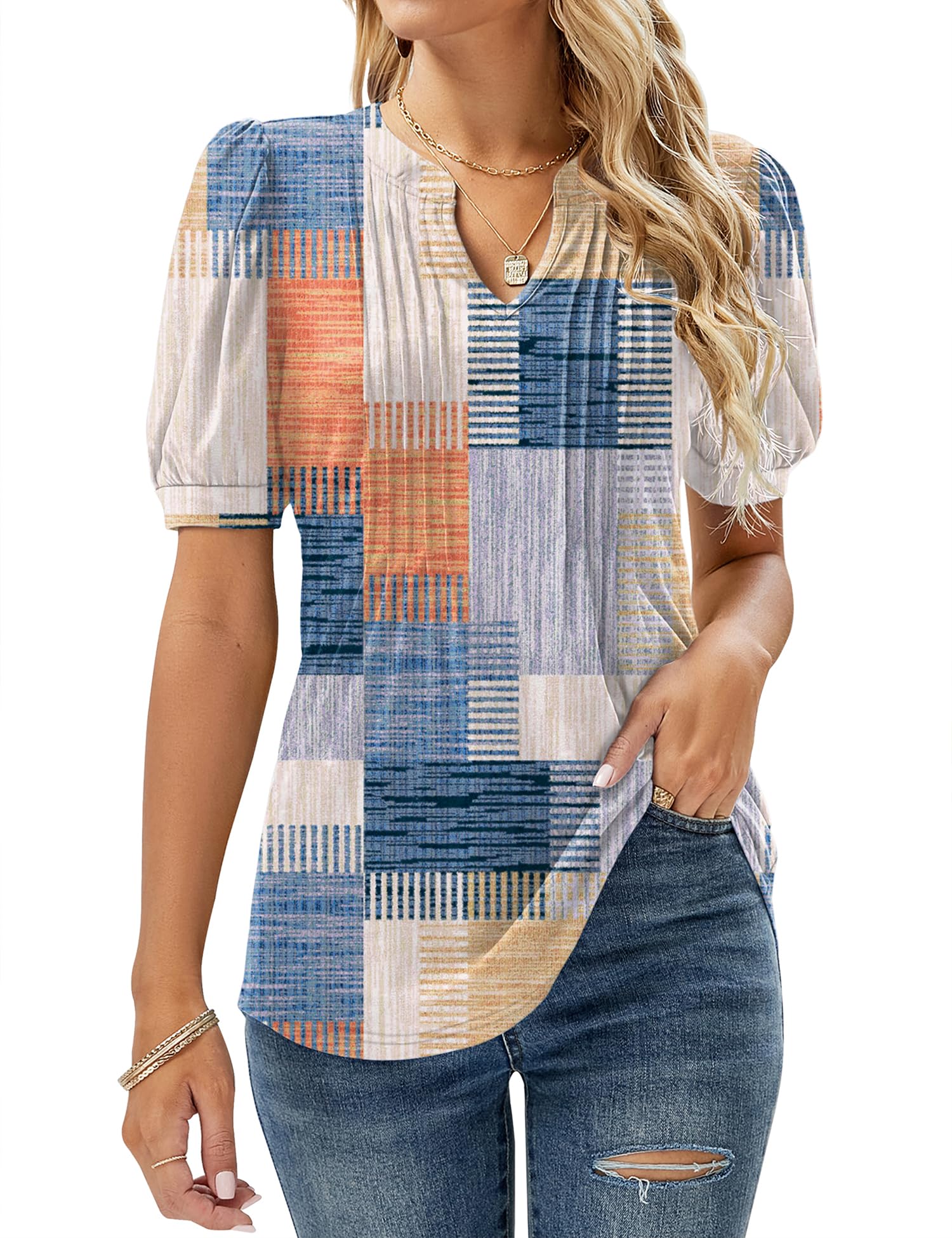 Womens V Neck Tops Puff Short Sleeve T-Shirt Pleated Floral Printed Tunic Blouse Shirts — view 17