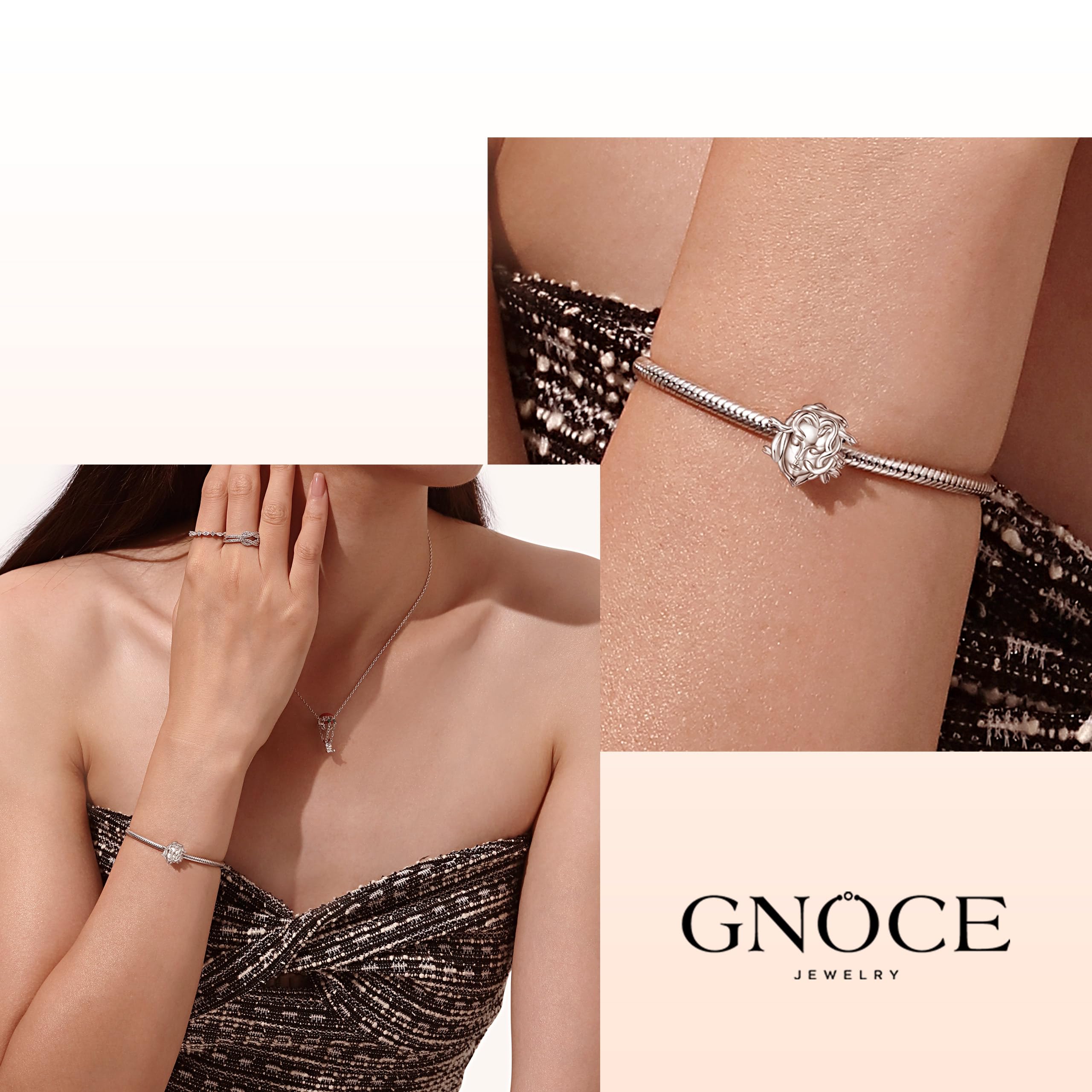 GNOCE Abalorio de plata de ley 925 con diseño de cabeza de medusa de gorgona mítica para pulsera, collar, regalo para mujeres y esposas, Plata de ley, Circonita cúbica