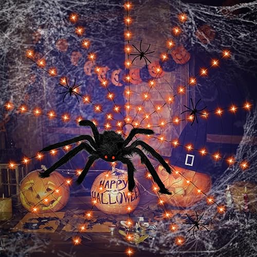 Miniatura 4 de Anycosy Decoración de luces de Halloween, 140 luces LED de telaraña con 5 arañas negras, luces de Halloween al aire libre, 8 modos para decoración