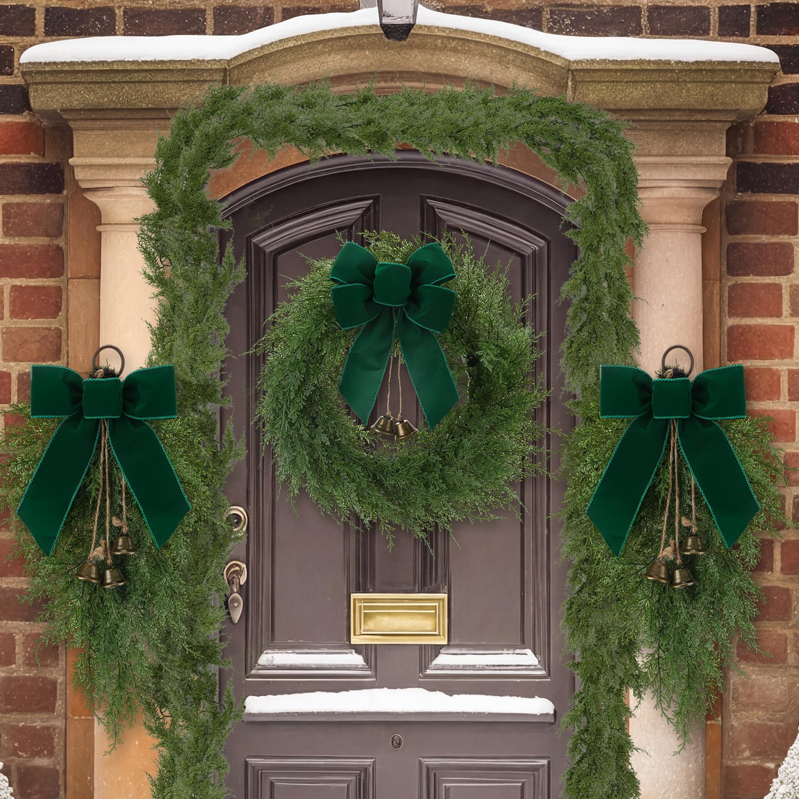 4 Pcs Artificial Christmas Wreath Garland Set Include 20 Xmas Cedar Pine Wreath with Green Bow 2 Christmas Teardrop Swag 9ft Garland for Xmas Celebration Front Door