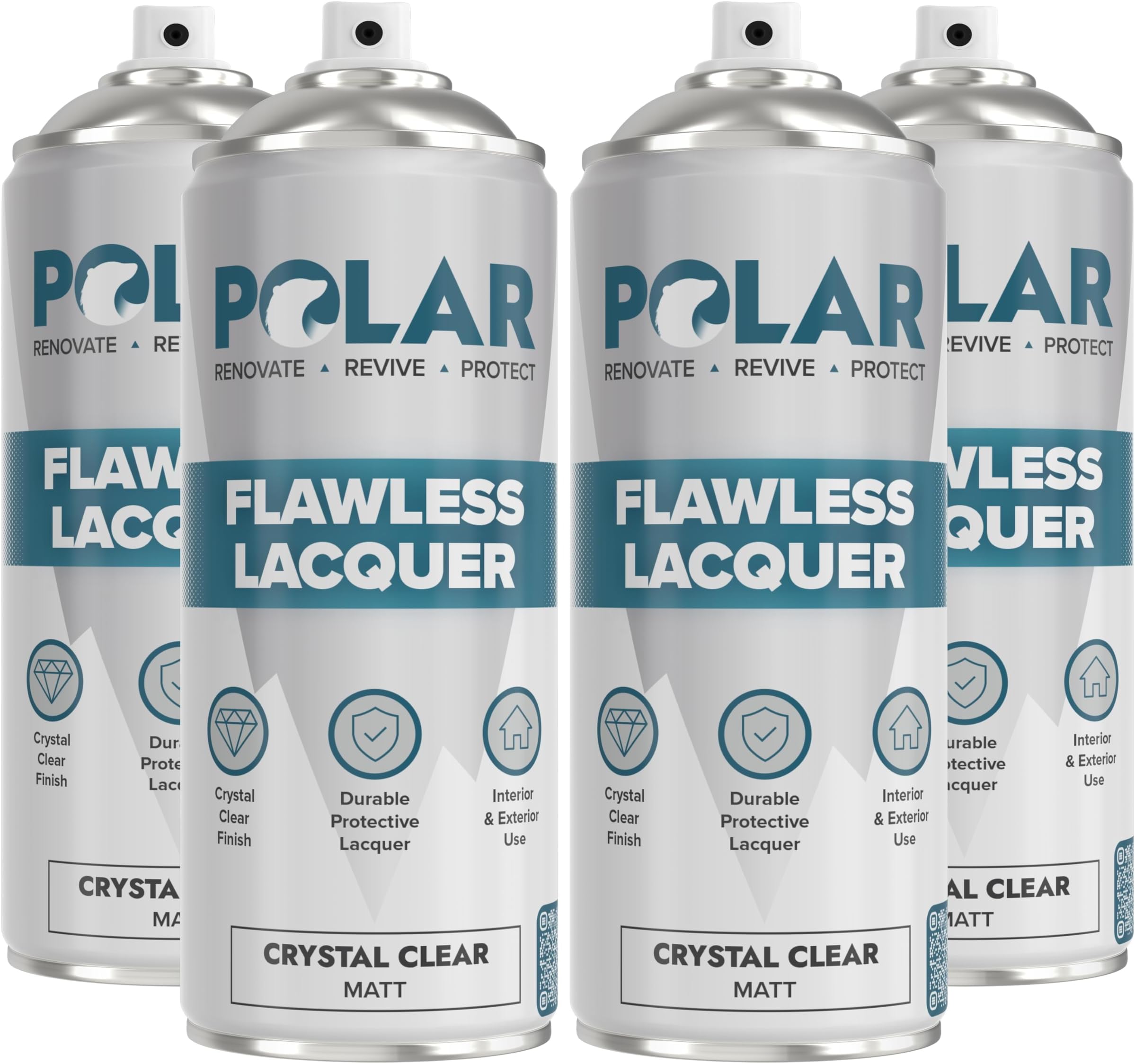 Polar Flawless Lacquer Spray - 4x400ml, Clear - Protective Coating for Wood, Ceramic, Glass, Plastic & Metal - Scratch Resistant & UV Protection - Primer for DIY, Interior & Exterior - Matt Finish