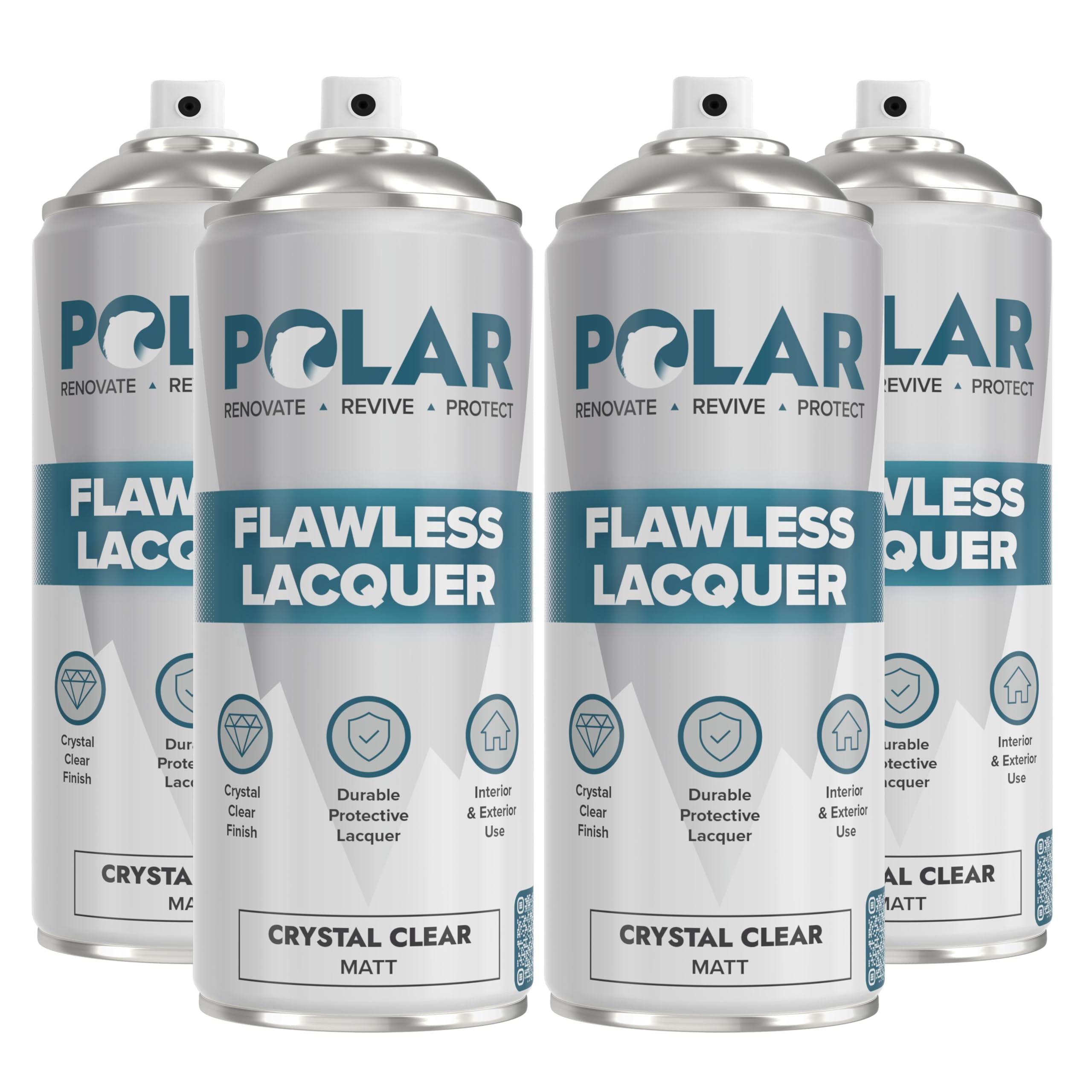 Polar Flawless Clear Lacquer Spray - 4 x 400ml - Matt Finish - Non-Yellowing & Scratch Resistant - Interior & Exterior Surfaces for Wood, Metal, Plastics, Glass & Ceramics
