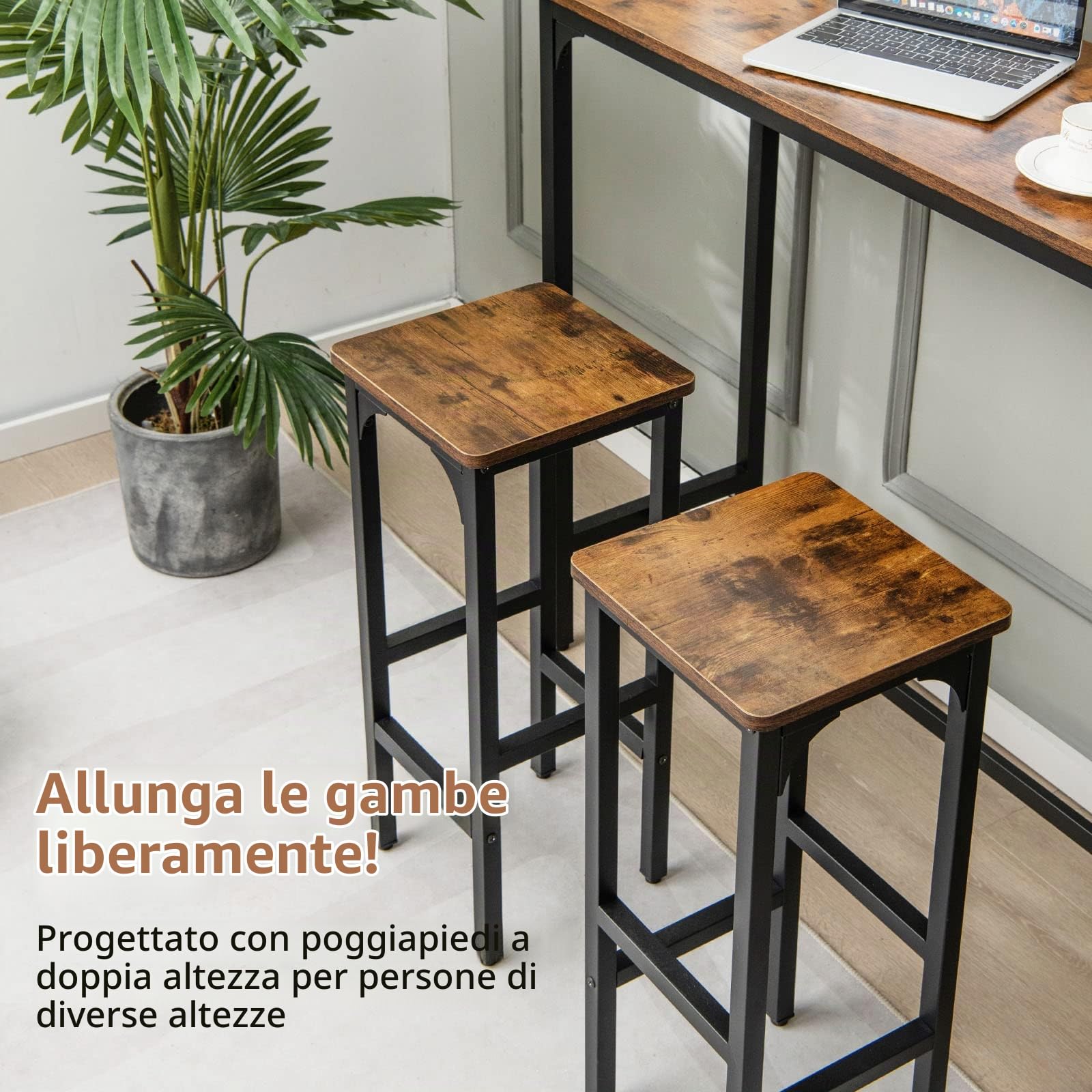 LIFEZEAL Set di 2 Sgabelli da Bar, Sgabello da Cucina, Sgabello Alto, con Poggiapiedi, Acciao+Legno, Peso Max 150kg, 30x30x71,5 cm, per Ristorante, Sala da Pranzo, Montaggio Facile, Stile Industriale