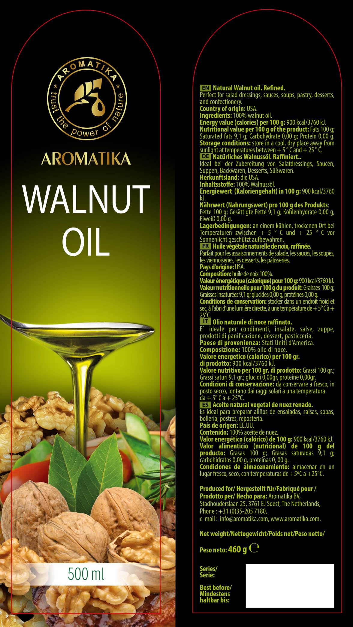 Olio di Noci Alimentare 500ml - Vegano Puro Vergine Crudo Spremuto a Freddo - Noci per Cucinare - Insalata e Condimenti - Usare a Crudo