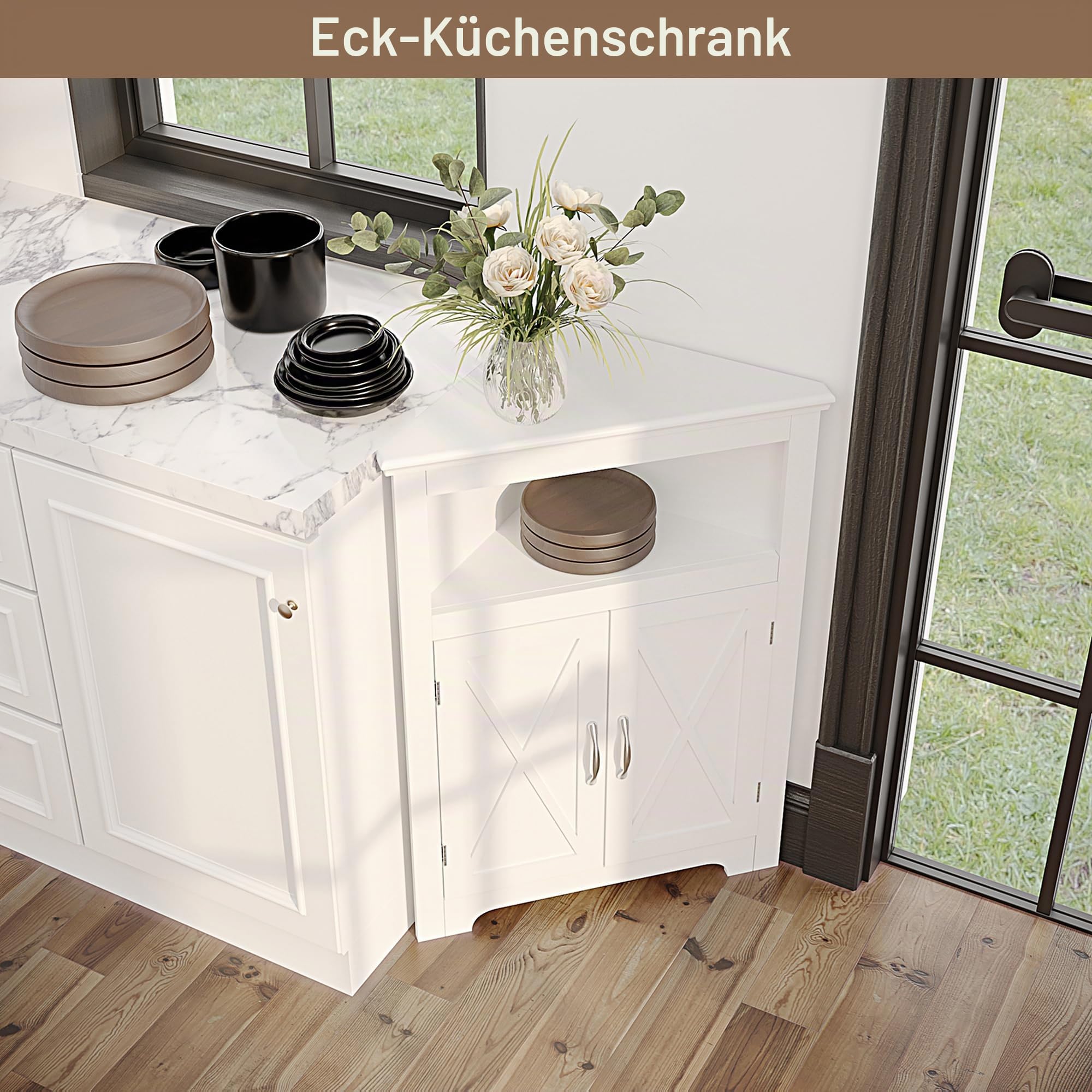 ChooChoo Eckschrank, kleiner Eckschrank mit Scheunentür-Design und verstellbarem Regal, platzsparender Wohnraum für Wohnzimmer, Badezimmer, Küche, Schlafzimmer, Weiß