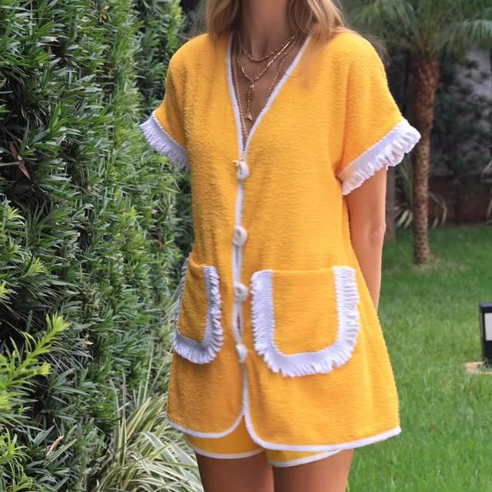 Conjunto de 2 piezas con flecos para mujer, cuello en V, cárdigan con botones, pantalones cortos, conjunto de descanso con bolsillos, conjunto de pijama casual de tela de rizo para vacaciones