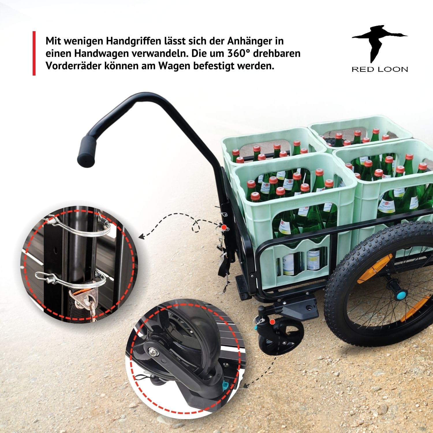 Rimorchio per bicicletta 2 in 1 – Red Loon in alluminio BAC502 – 100 litri – pneumatici extra larghi da 20" – max. 60 kg – Rimorchio per biciclette da 26 – 28" – Carrello a mano