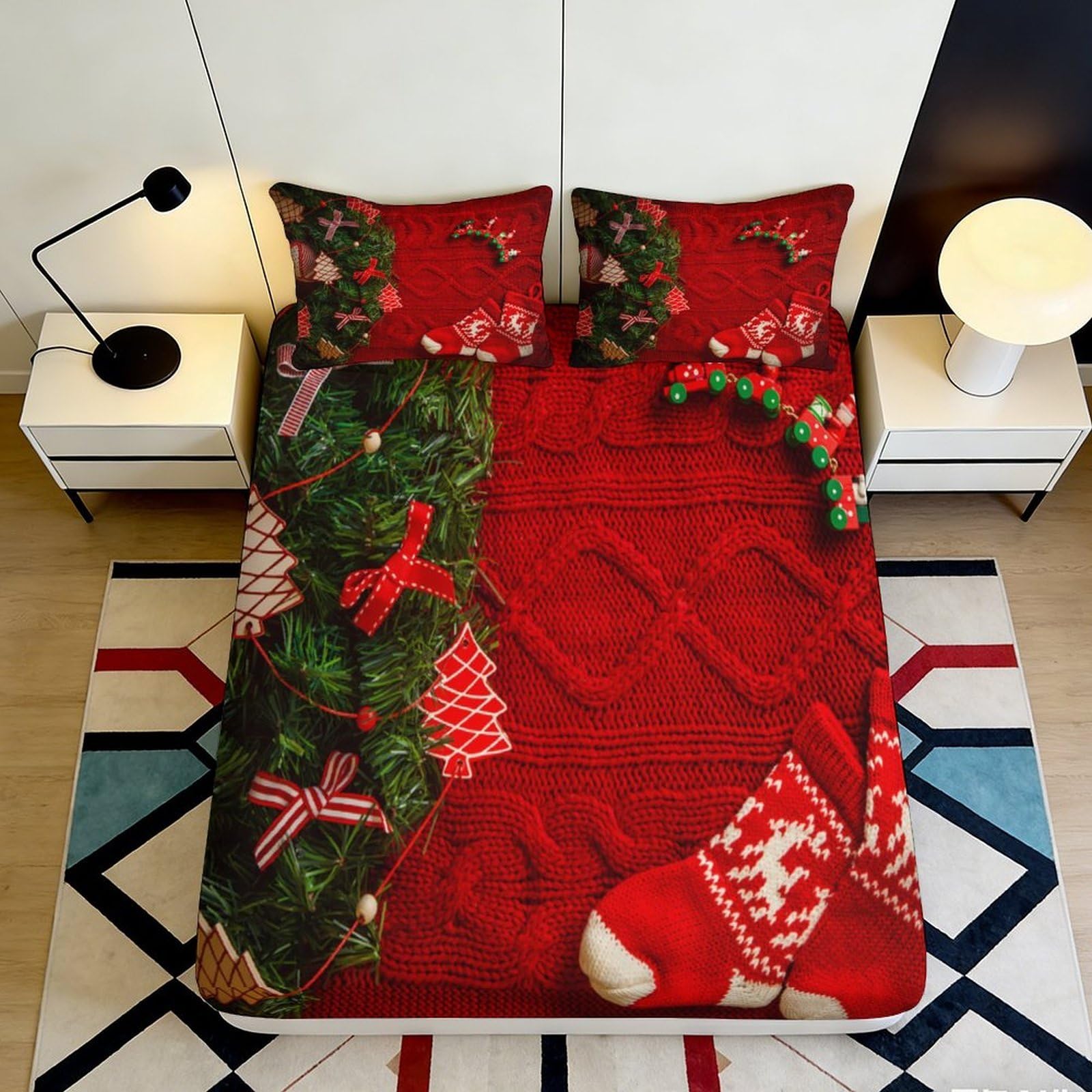 3D Printed Christmas Wreath Fitted Sheet Microfiber Red Festive Stocking Bed Cover for Bedroom Guest Room Decor 90x200x25cm