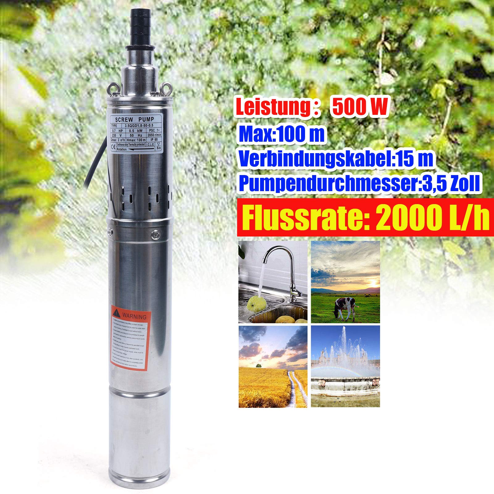 Bomba para pozos profundos, sumergible, acero inoxidable, 3,5 pulgadas, 500 W, caudal de 2 m³/439,94 gal/h, altura máxima de extracción 100 m/328,08 pies para riego agrícola paisajismo con cable de 15