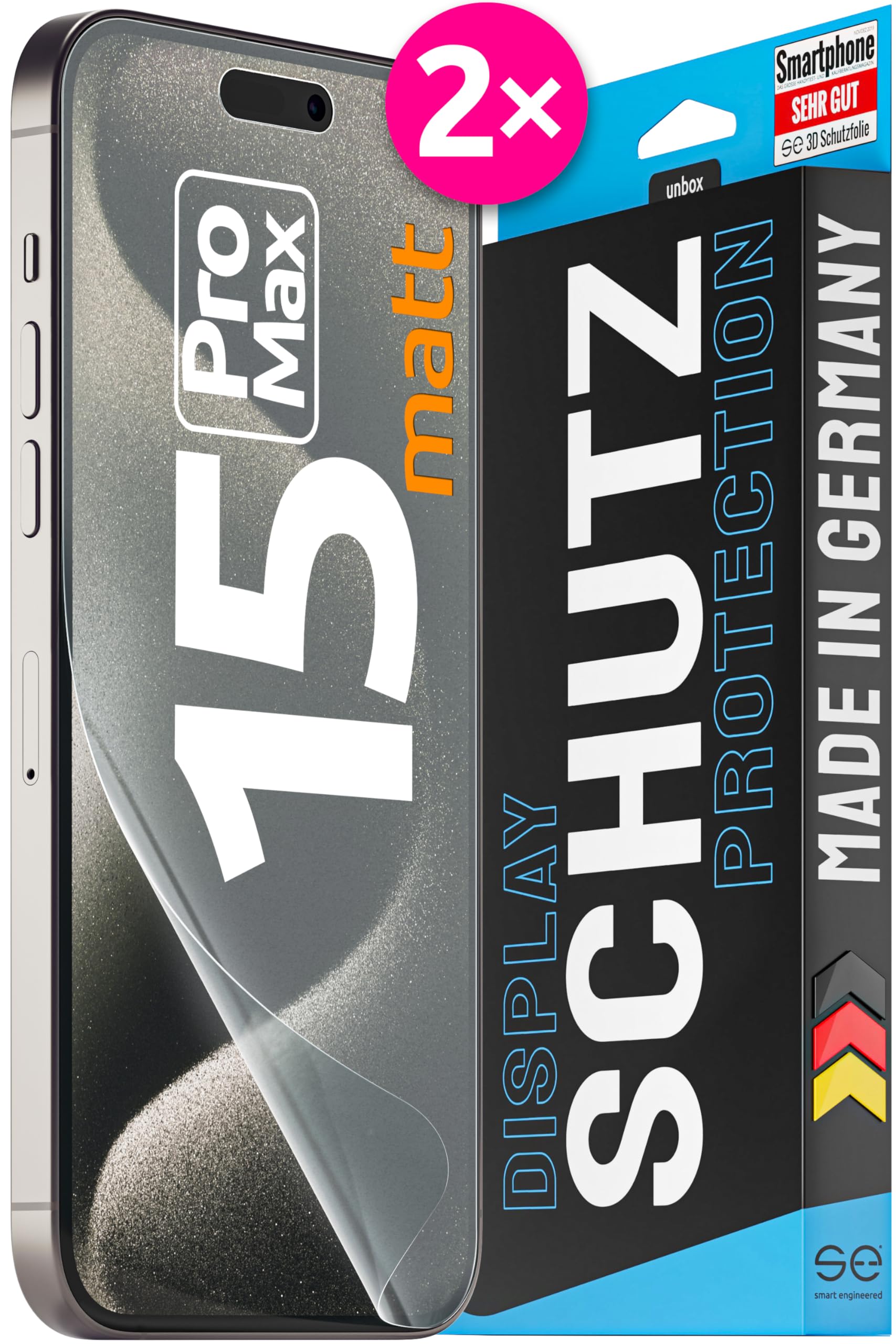 2x se® Protector 3D Antirreflejo para Apple iPhone 15 Pro Max, Protección Solar, Compatible con Huellas y FaceID, Instalación sin Burbujas, Mate, Resistente a Golpes y Arañazos, Matériau TPU