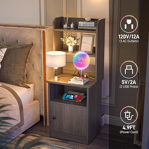 Miniatura 5 de Juego de 2 mesitas de noche altas con estación de carga y puertos USB, mesita de noche de 47 pulgadas de alto con estantería ajustable, mesa