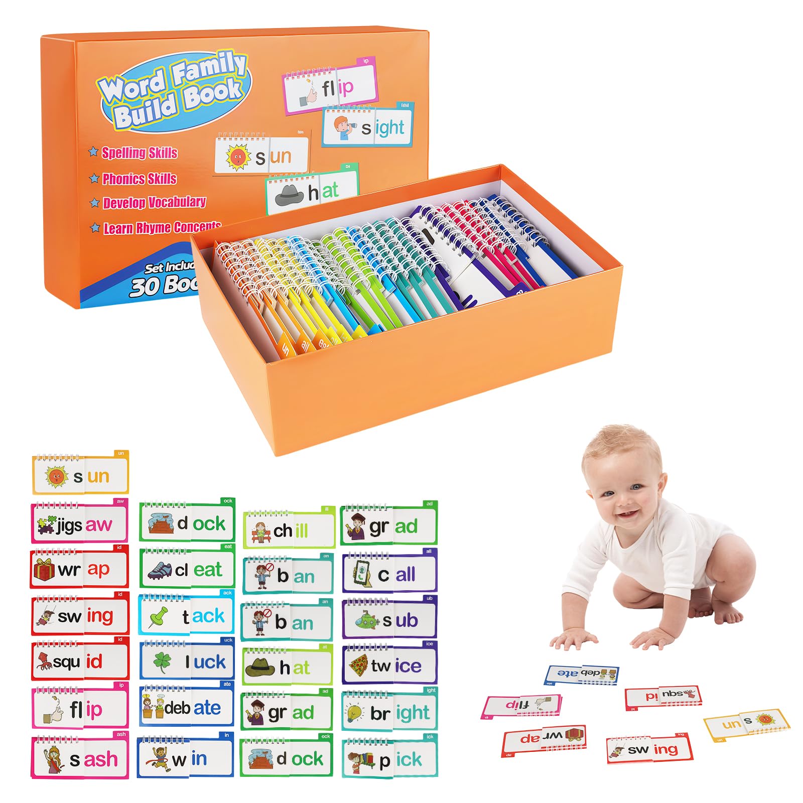30 PCS Read and Rhyme Flip Books - Learning Games, ABC Vocabulary Flash Cards, Word Games, Flip Books for Kids, Fun Educational Learning Set, the Thinking Game