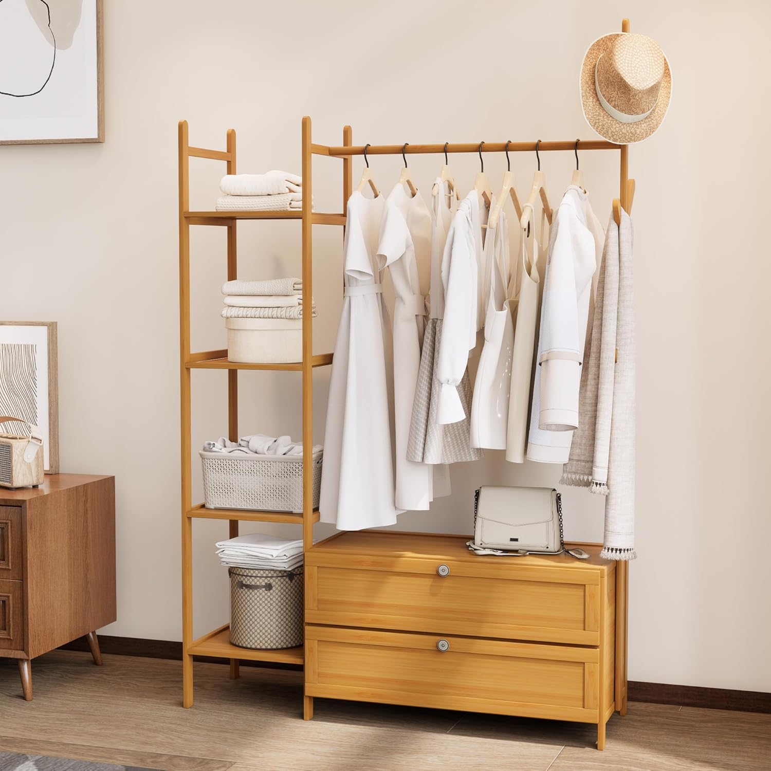 Bamboo Clothes Rack,Garment Rack with Drawers and Shelves,5 Tier Storage Shelves with 6 Hanging Hooks,Coat Rack Closet for Entryway Guestroom Kids Bedroom (39.4inch Width Natural)