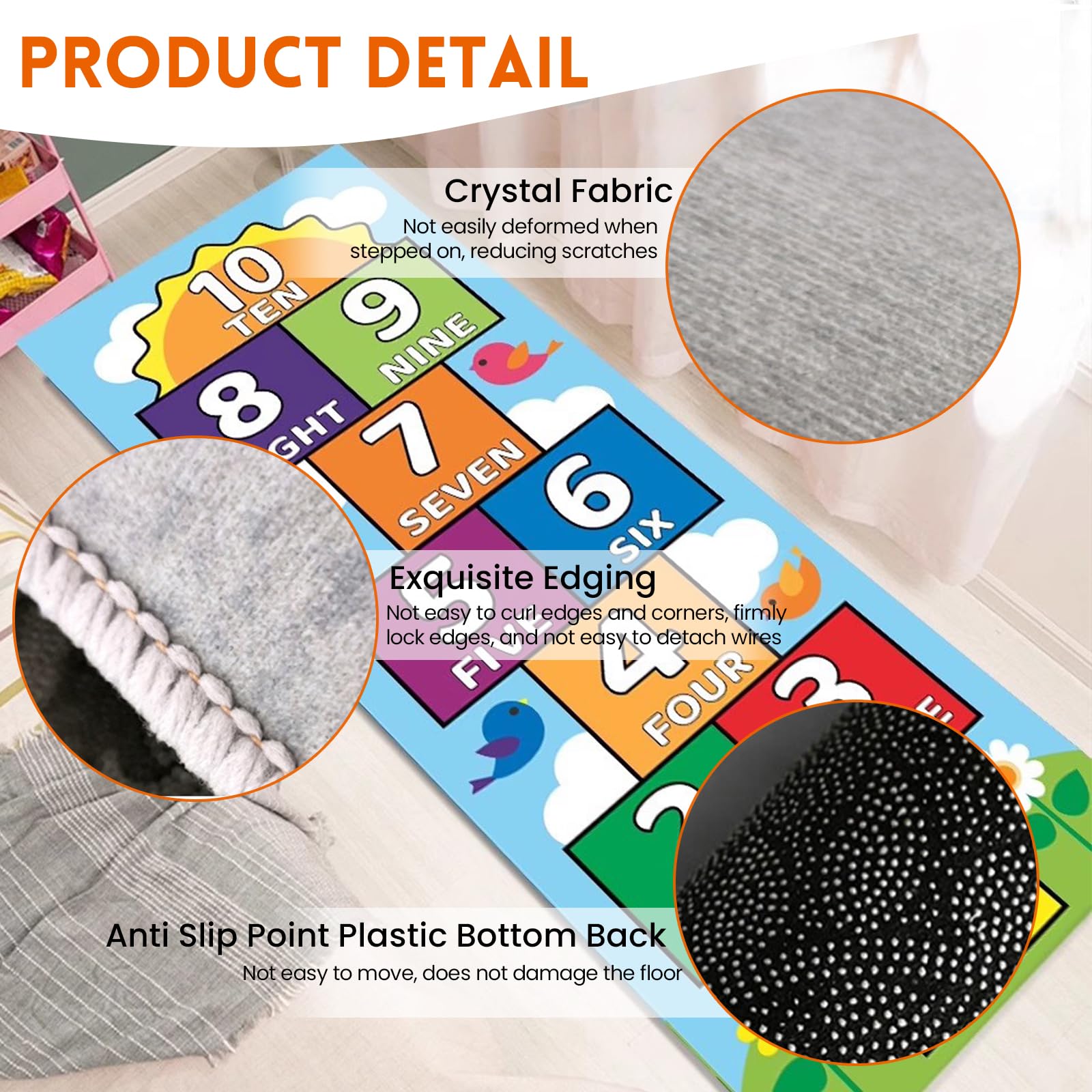 Hop & Count Hopscotch Rug for Kids, Floor Play Area Rug Game Carpet Crawl Jump Mat, Skid-Proof Backing, Great Gift for Boys Girls, Room Decor, Classic Hopscotch Rug for Preschool Playroom