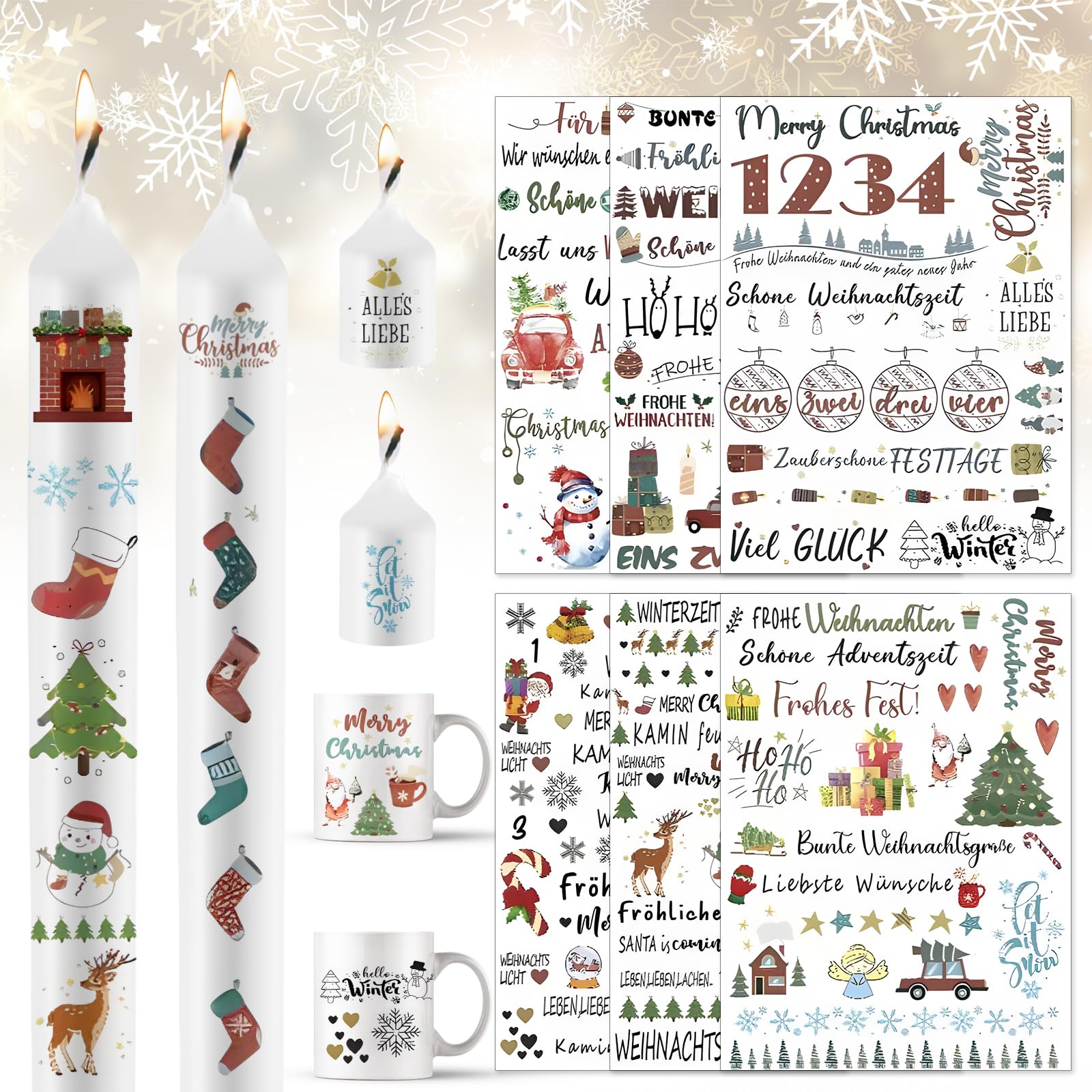 KSKSPE Pack of 6 Christmas Candle Tattoos, Candle Stickers, 14 x 19 cm, Candle Tattoo Christmas