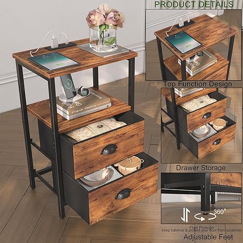 Miniatura 6 de Juego de 2 mesitas de noche industriales color marrón rústico, mesa de noche con 2 cajones de tela, almacenamiento de 3 niveles, luz LED, estación
