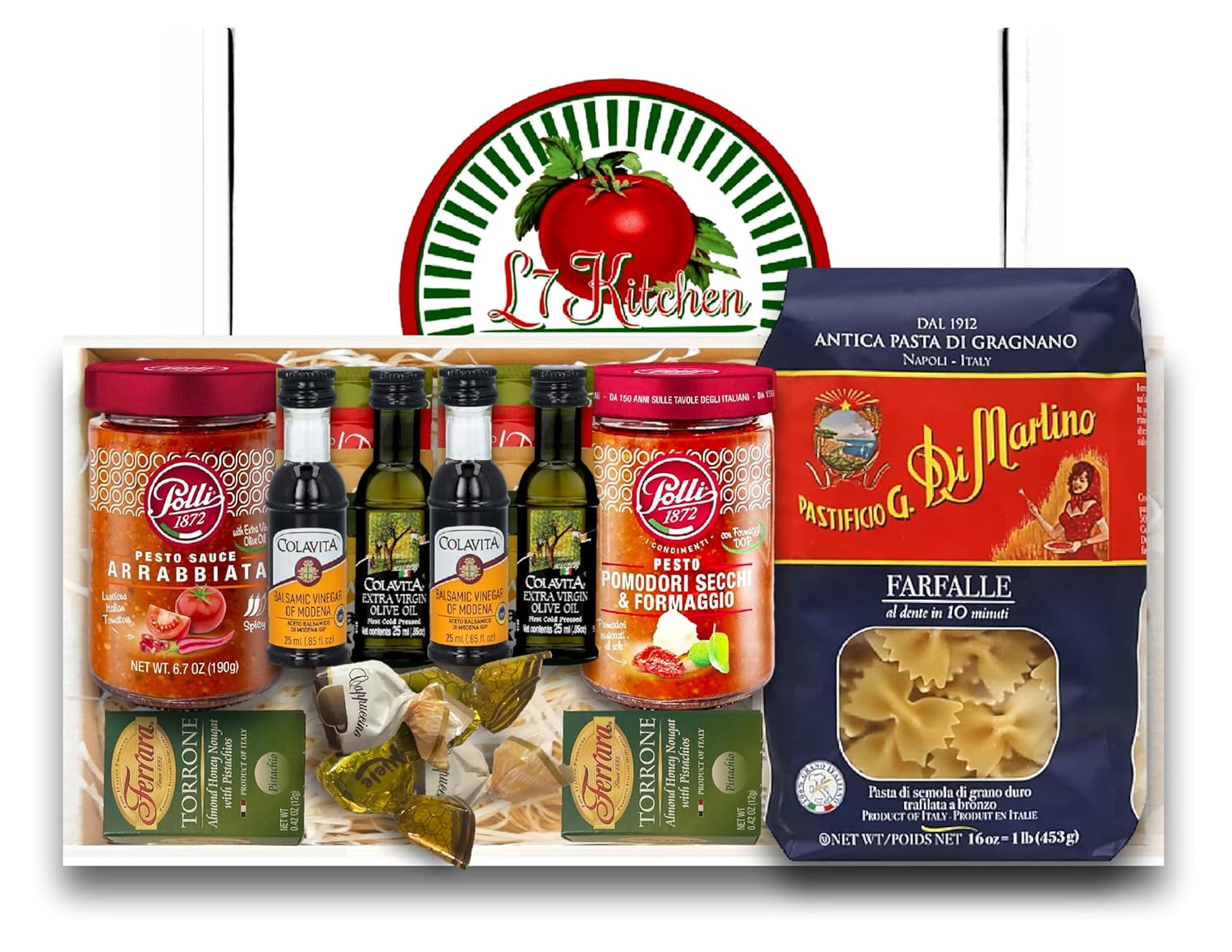 Imported Italian Dinner for Two Meal Kit - Sun-Dried Tomato Pesto, Spicy Arrabbiata Pesto, Pasta, Seasonings and Sweets Gift Box