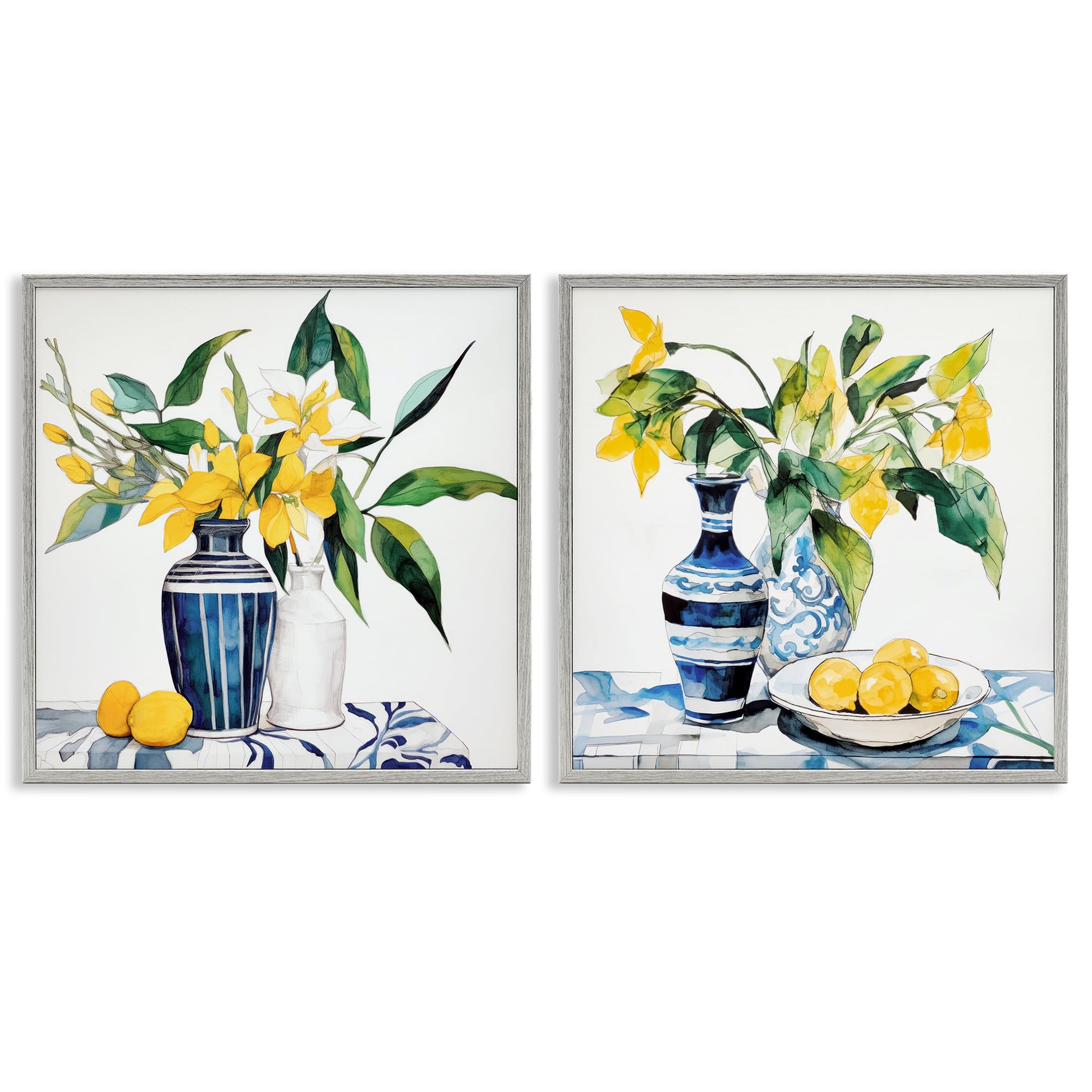 'Lemon Blooms Table Setting'| 2pc Framed Giclee Art Set 2