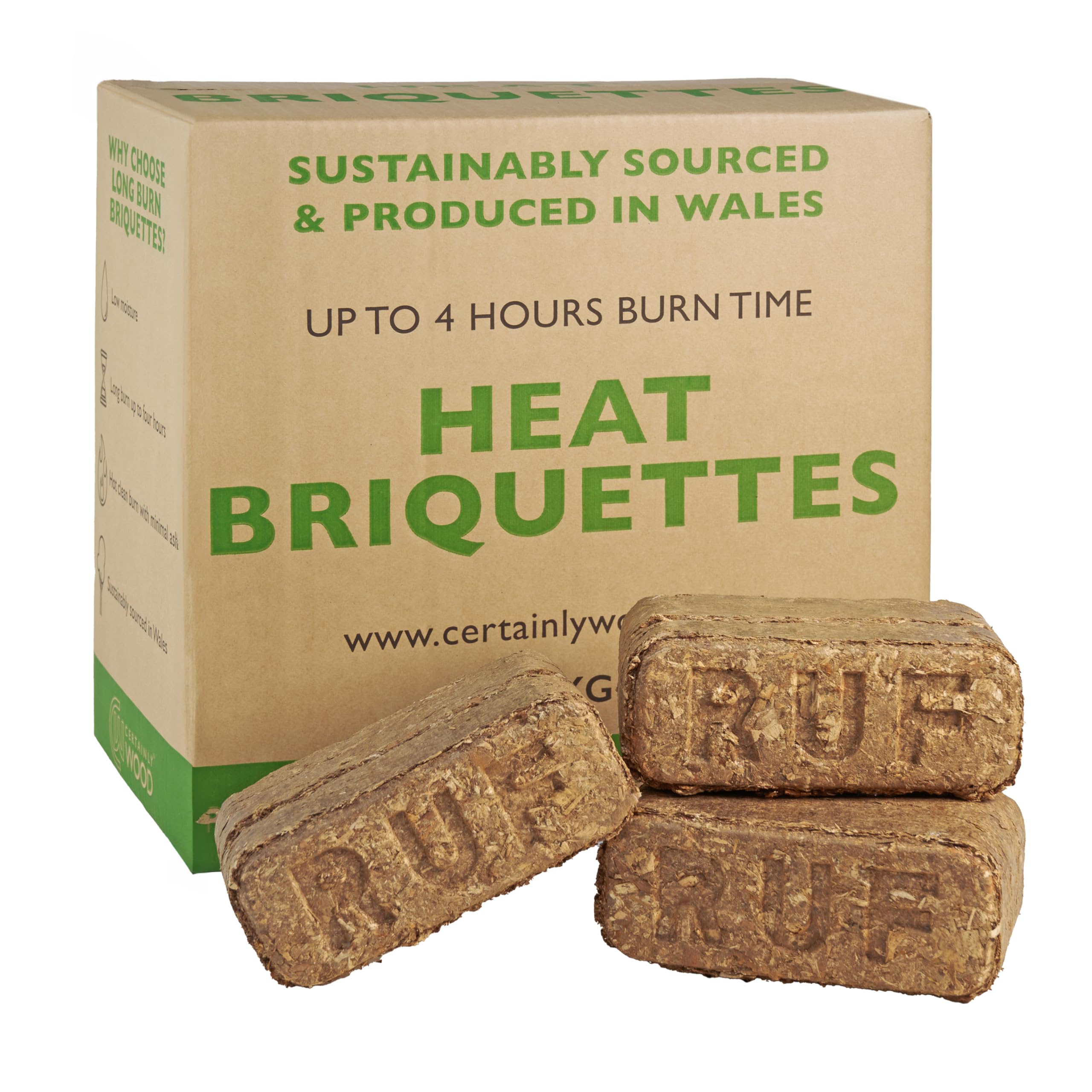 Certainly Wood Eco Heat Logs RUF Briquettes - 20kg (24 Briquettes) Wood burners & Stoves Fires- Eco Friendly Compressed Wood Fire Bricks Made in Wales. Up to 3 Hr burn time (4 boxes)