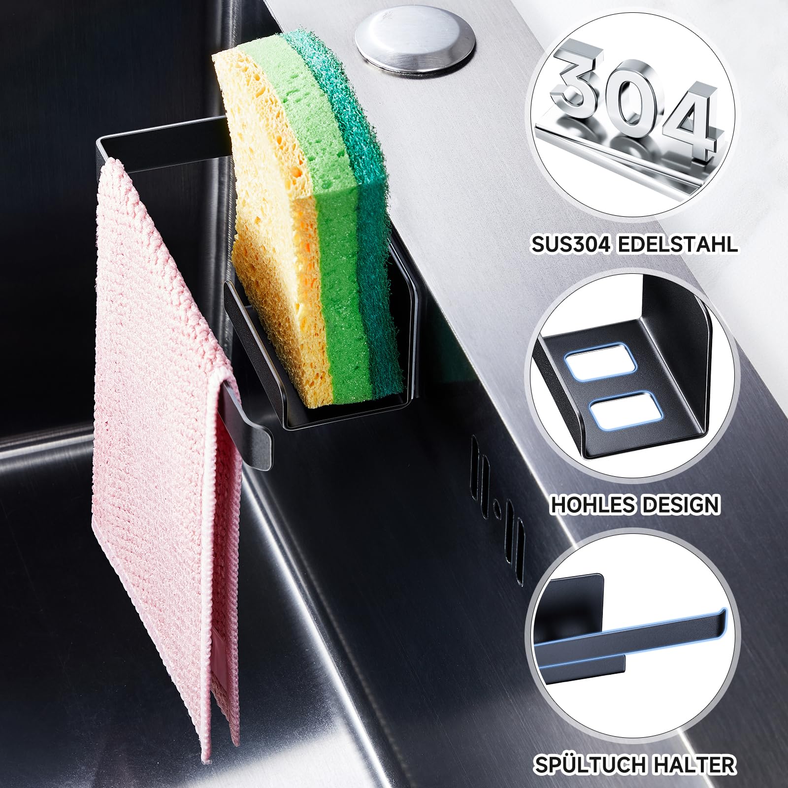 Portaspugna per lavello, porta strofinacci autoadesivo, support spugna per piatti da cucina 2 in 1, porta strofinacci in metallico, per strofinacci, spugne, spazzola e tappo per lavello (Nero)