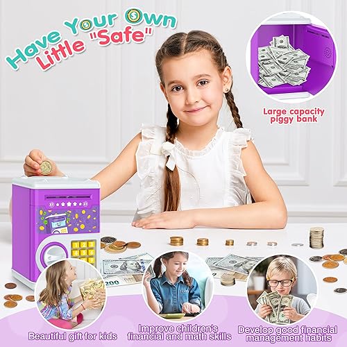 Miniatura 34 de Alcancía azul para niños, banco electrónico de monedas, tarro de dinero seguro para niños de 4 7 8 9 10 11 años con bloqueo de código de contraseña