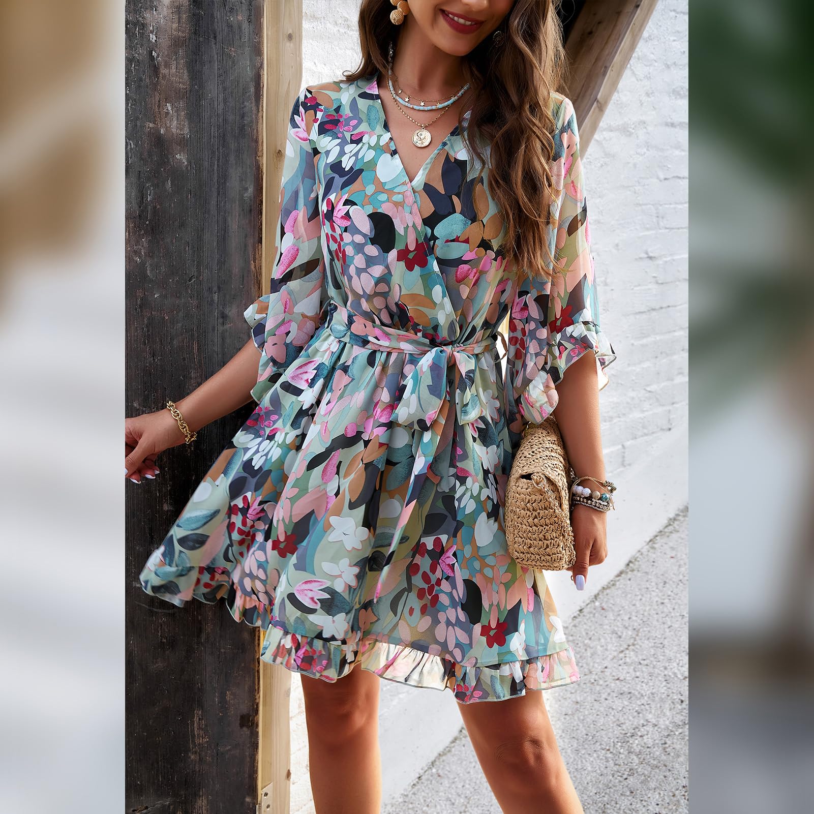 Odizli Abito estivo da donna, corto, elegante, floreale, in chiffon, con scollo a V