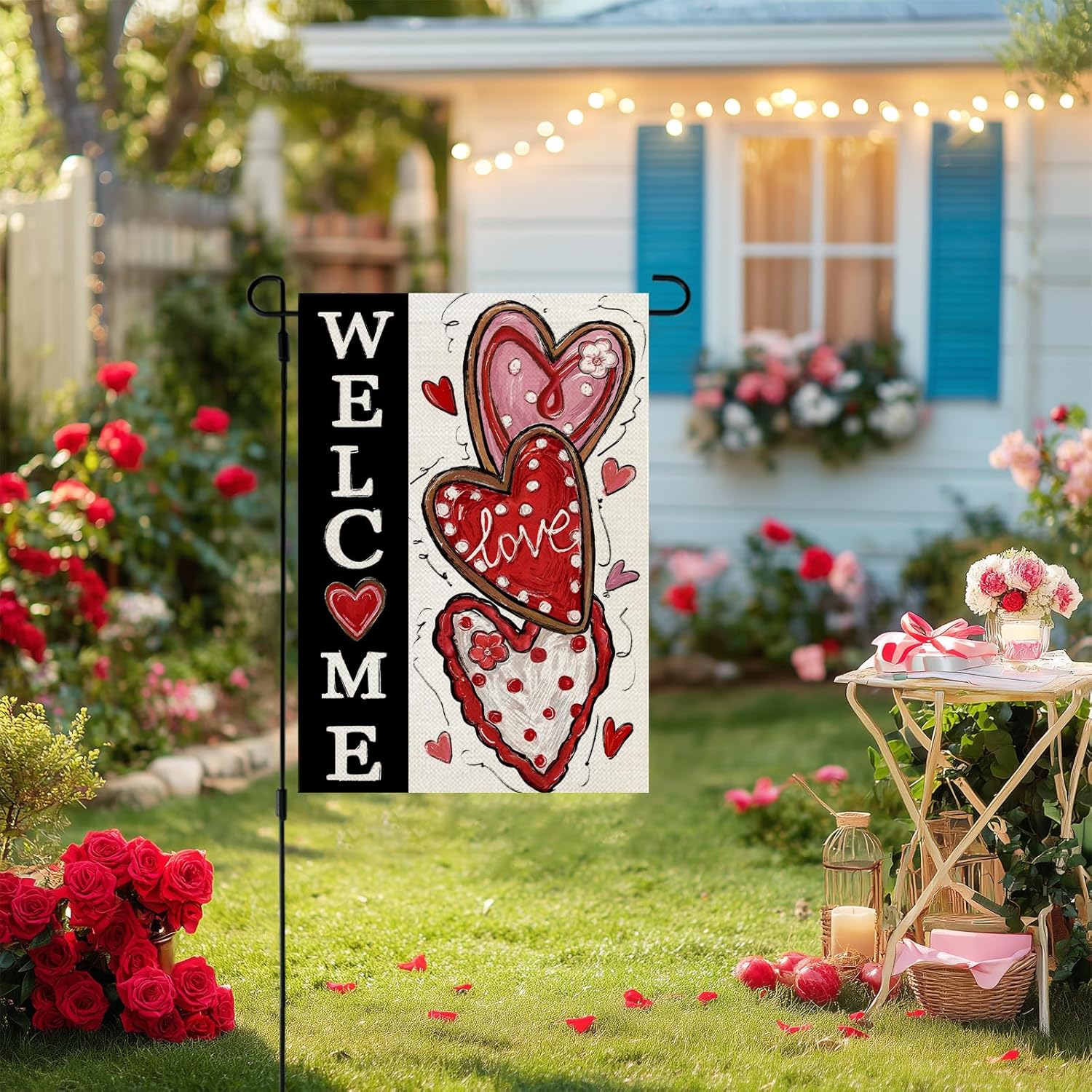 CROWNED BEAUTY Valentines Day Garden Flag Love Heart 12x18 Inch Double Sided Red Welcome Decoration for Outside Yard CF1911-12 - Image 2