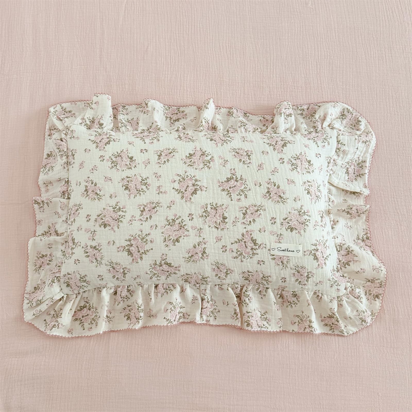 AOJIM Pink Floral Kids Toddler Pillowcase 1 Piece Super Soft Muslin Cotton Bedding Pillowcase with Ruffle Edges, Durable Nursery Pillowcase Aesthetic Print Kids Pillow Cover for Room Decor, 28X18 Inch