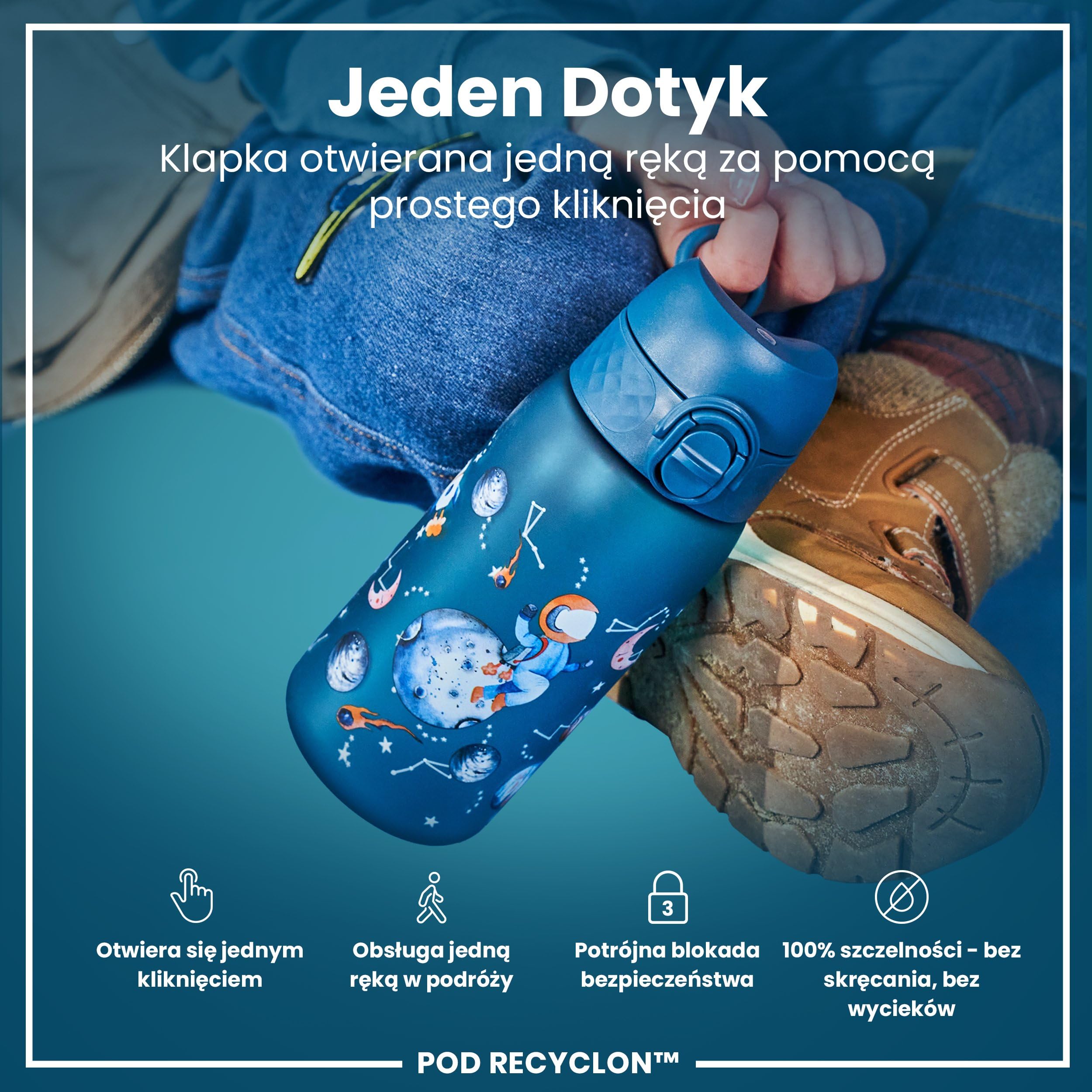 ION8 Butelka dla Dzieci, 350 ml/12 oz, Szczelna, Łatwa do Otwarcia, Bezpieczny Zamek, Można Myć w Zmywarce, Bez BPA, Uchwyt do Przenoszenia, Łatwa do Czyszczenia, Bezwonny, Wzór Podróż Kosmiczna