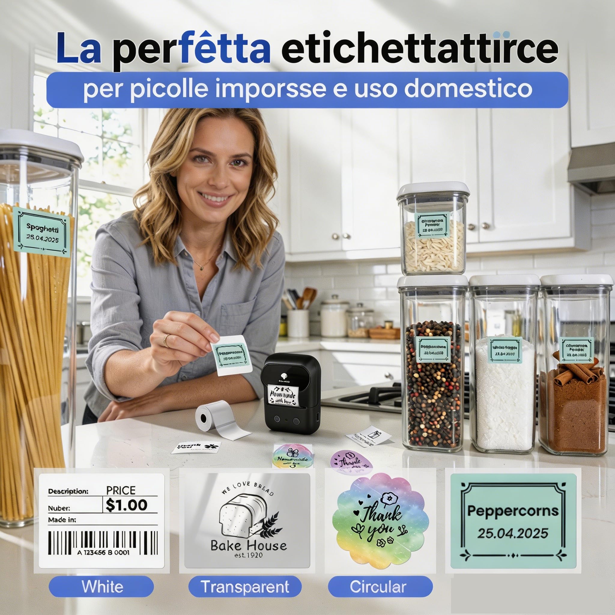 Phomemo M108 Etichettatrice Bluetooth, Portatile Stampante Etichette Adesive Termica Etichettatrice Etichette Adesive per Codici a barre,Cucina,negozi, Compatibile con iOS Android e PC, Nero