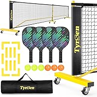 TYRSEN Pickleball Net Set on Wheels - 22FT Regulation Size, 4 Paddles, 6 Balls, 12 Markers & Carry Bag for Driveway Backyard Indoor Outdoor
