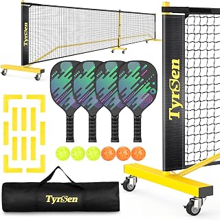 TYRSEN Pickleball Net Set on Wheels - 22FT Regulation Size, 4 Paddles, 6 Balls, 12 Markers & Carry Bag for Driveway Backyard Indoor Outdoor