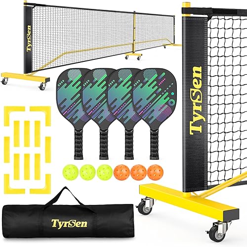 Pickleball Net Set, Pickleball Net on Wheels for Driveway Backyard, 22FT Regular Size, 4 Pickleball Paddles & 6 Balls, 12 Court Markers, 1 Carry