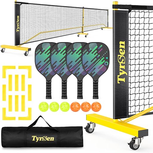 Pickleball Net Set, Pickleball Net on Wheels for Driveway Backyard, 22FT Regular Size, 4 Pickleball Paddles & 6 Balls, 12 Court Markers, 1 Carry Bag, Pickleball Set for Indoor Outdoor Play