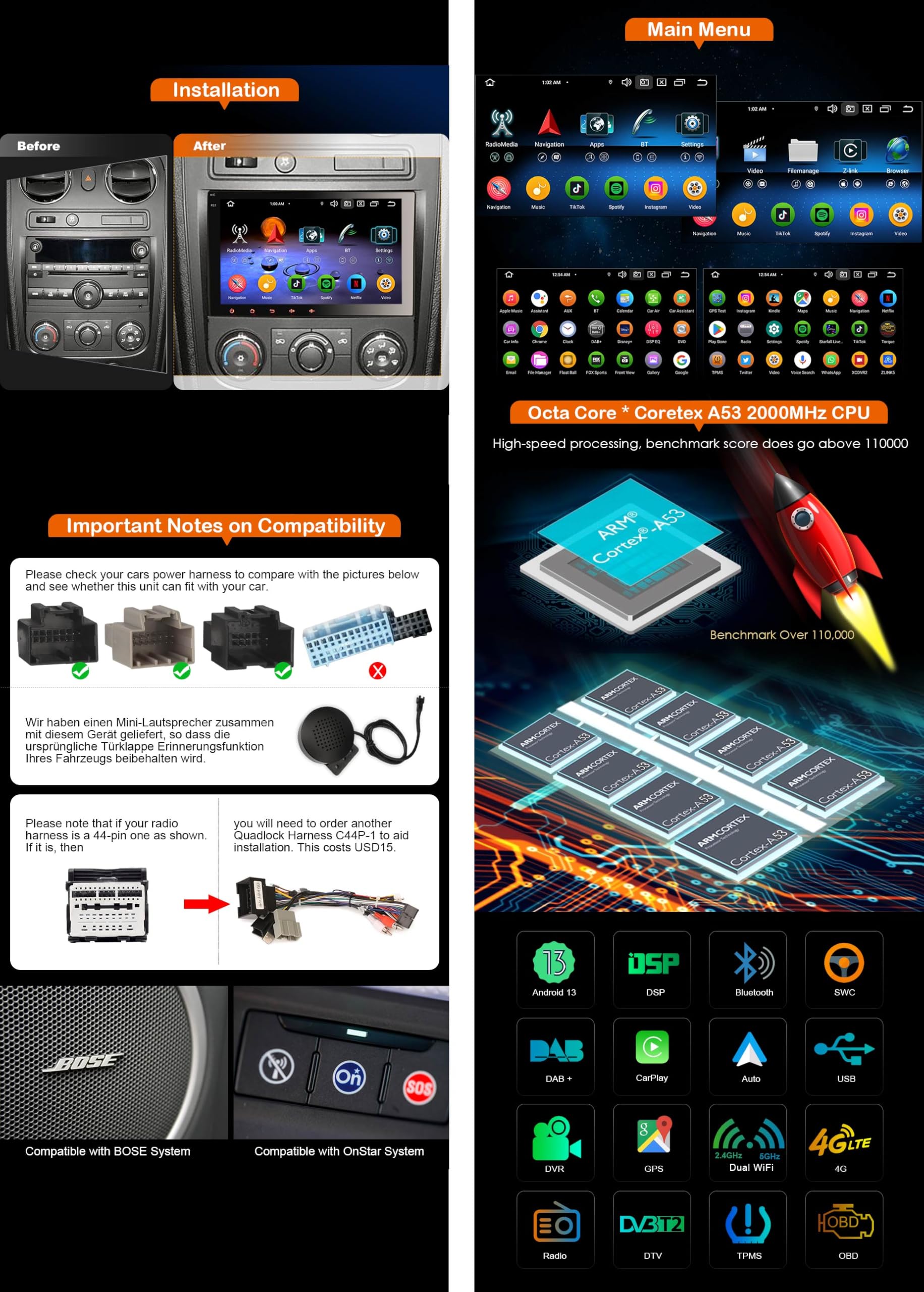 Erisin 8 Pulgadas Pantalla 8-Core 4GB+64GB Android 13 Radio Coche Bluetooth GPS Navegador para Chevrolet Buick GMC Hummer Avalanche Enclave Acadia Equinox CarPlay Android Auto Dab+ WiFi IPS Canbus