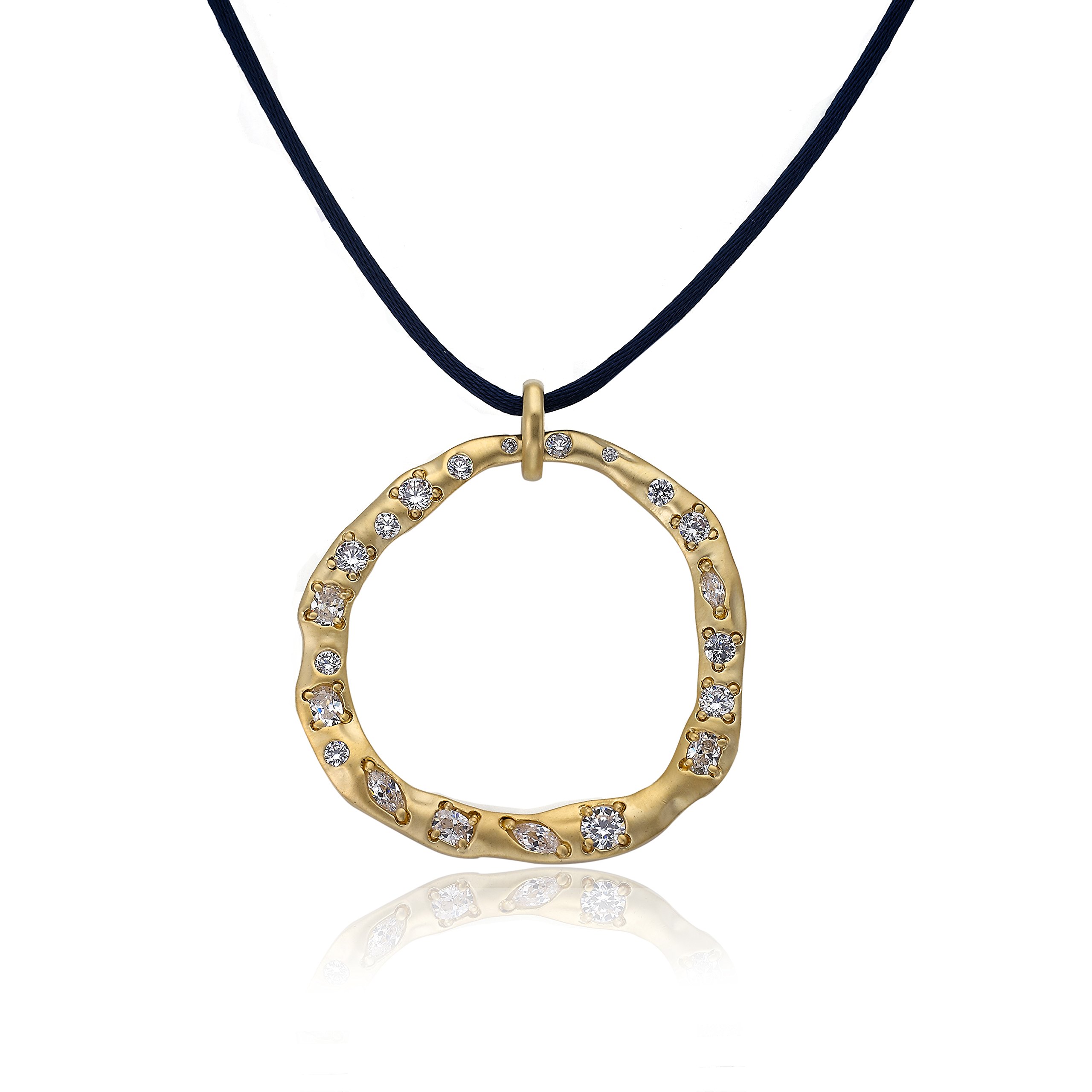 Riccova City Lights 14k Gold-Plated CZ Speckled Wave Open Circle Pendant On Long Blue Nylon Chain Ne