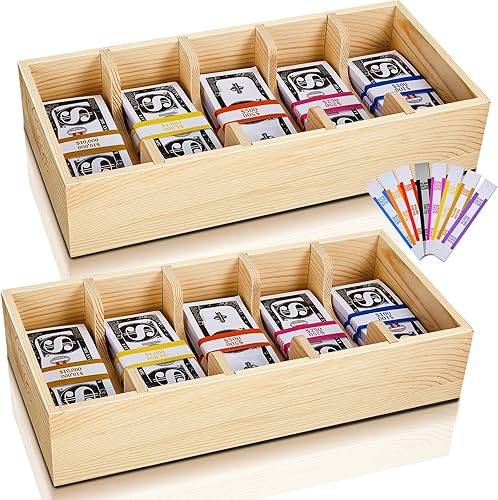 Thyle 2 bandejas de madera para dinero con 600 envoltorios de moneda, 5 compartimentos, organizador de efectivo, caja de dinero, caja de dinero para