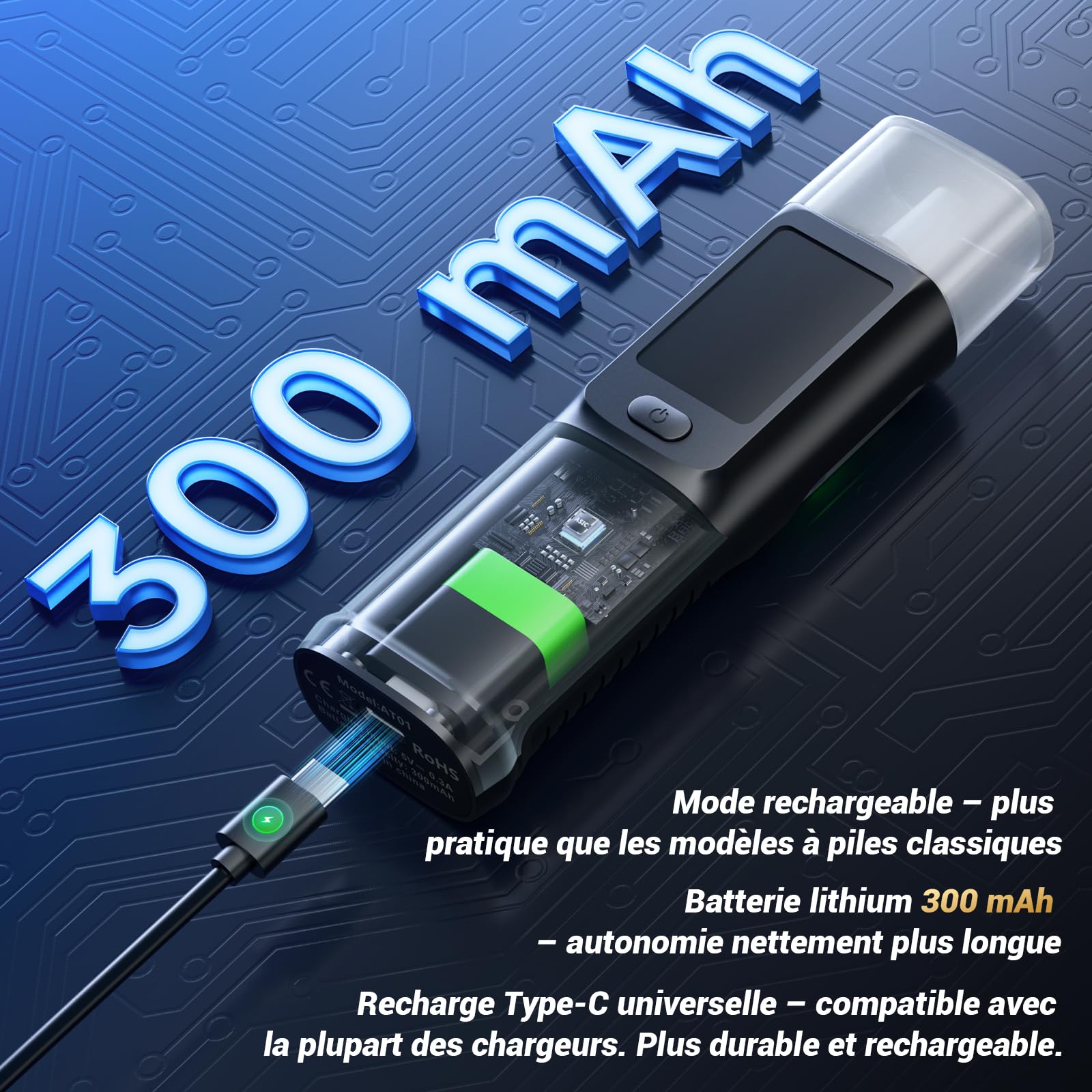 Éthylotest Électronique USB-C, Alcootest LCD | Test rapide, affichage BrAC mg/L, modes contact et sans contact, 10 embouts inclus, compact pour voiture et soirées.