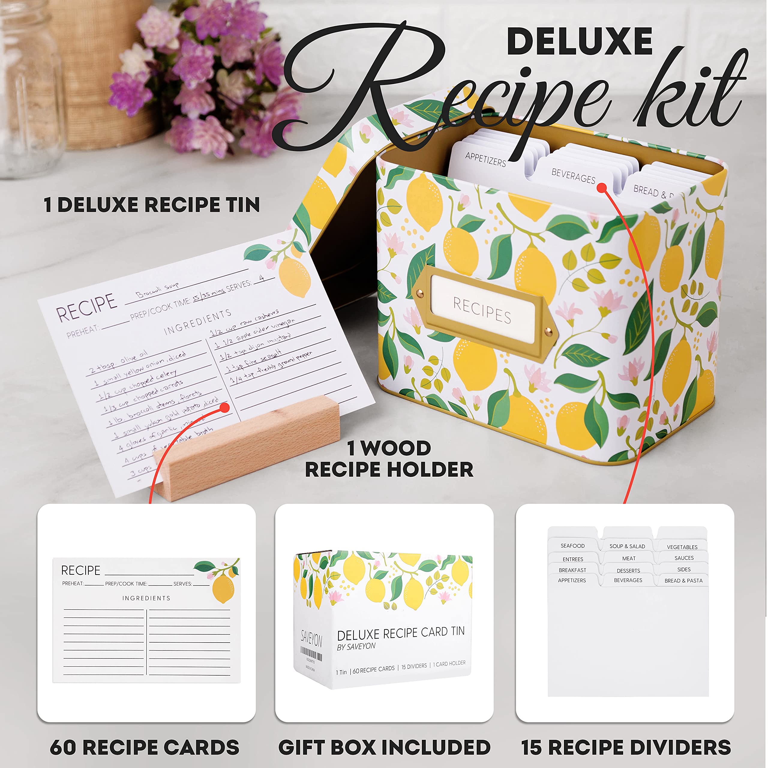Lemon Recipe Box with Cards and Dividers 60 Lemon Decor Recipe Card