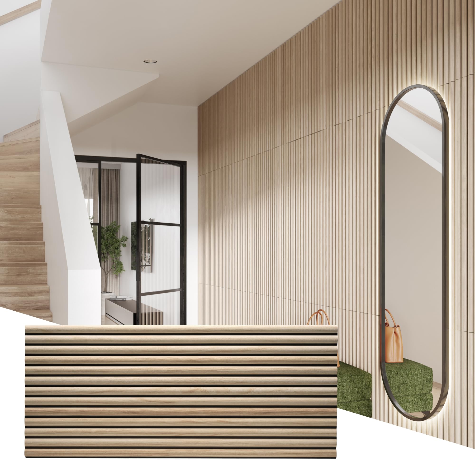 Wall!Supply 3D Wall Panels – Faux Natural Wood Round Slatted – Lightweight Foam (EPS) – Wallpaper Alternative – Easy DIY Installation – 4 Pack, Covers 24.96 Sq Ft
