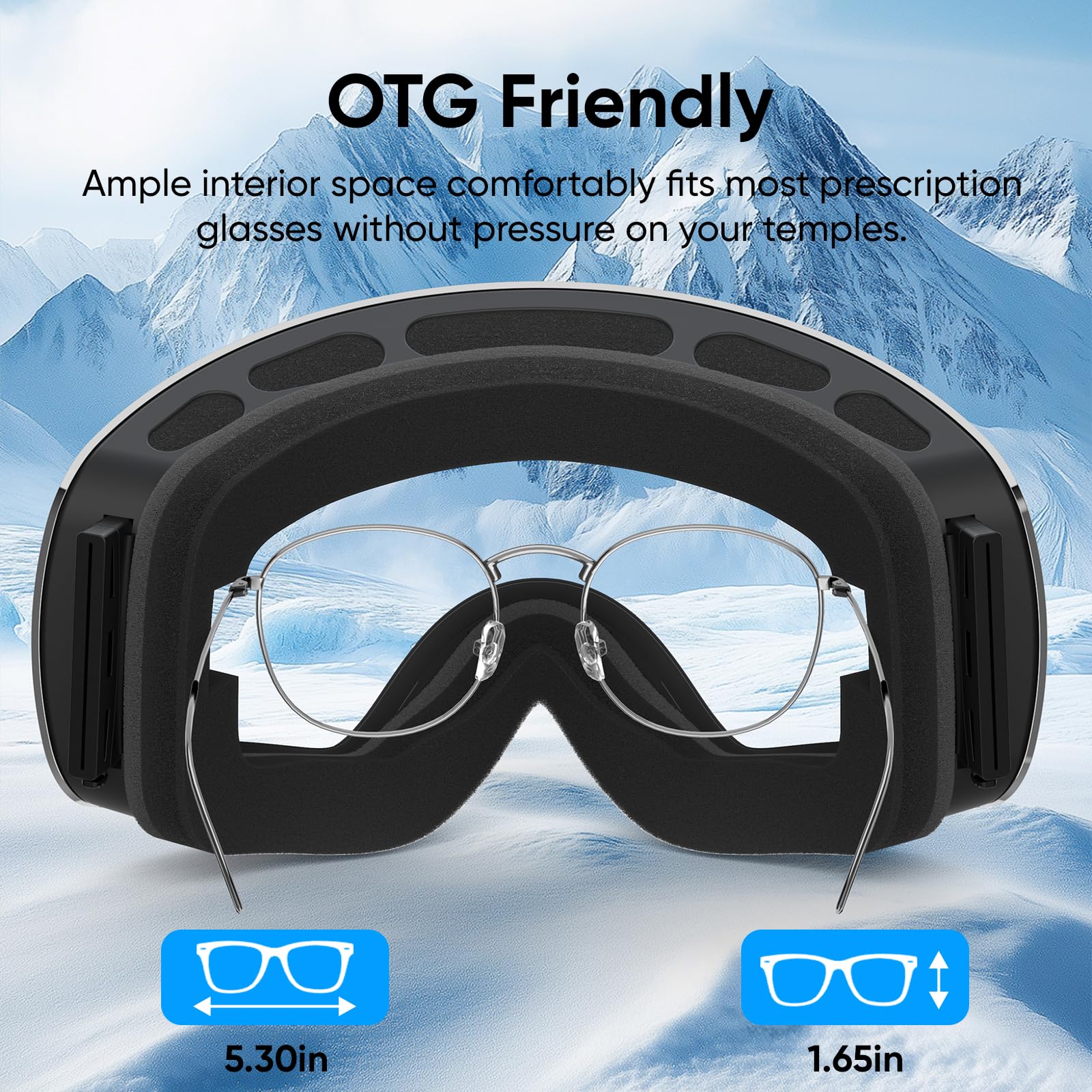 OTG - Occhiali da sci e snowboard, unisex, protezione UV al 100%, anti-appannamento, per sport e neve, colore: argento