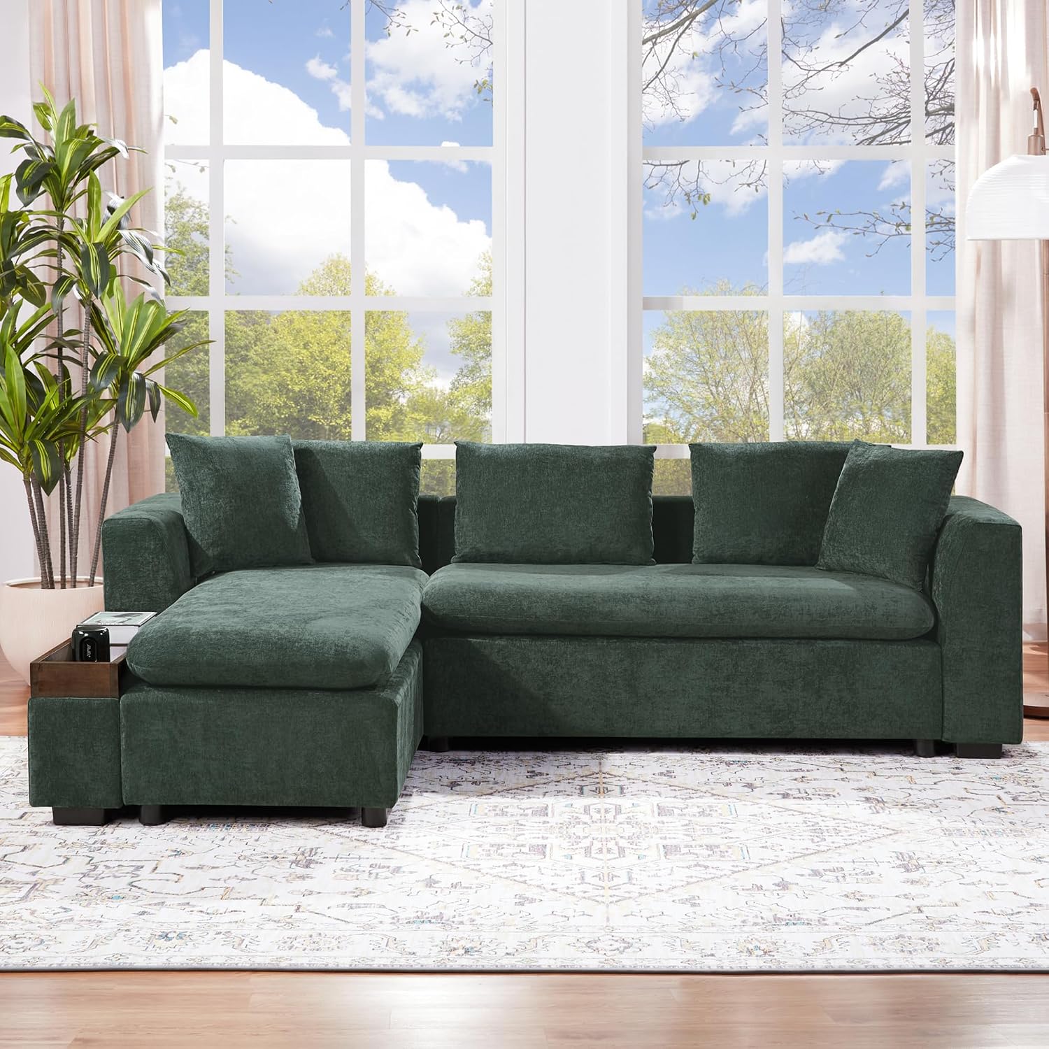 P PURLOVE Sectional Sofa 93.7" L-Shaped Sofa Upholstered Sofa Couch with Wooden Storage Compartment for Living Room (Green)